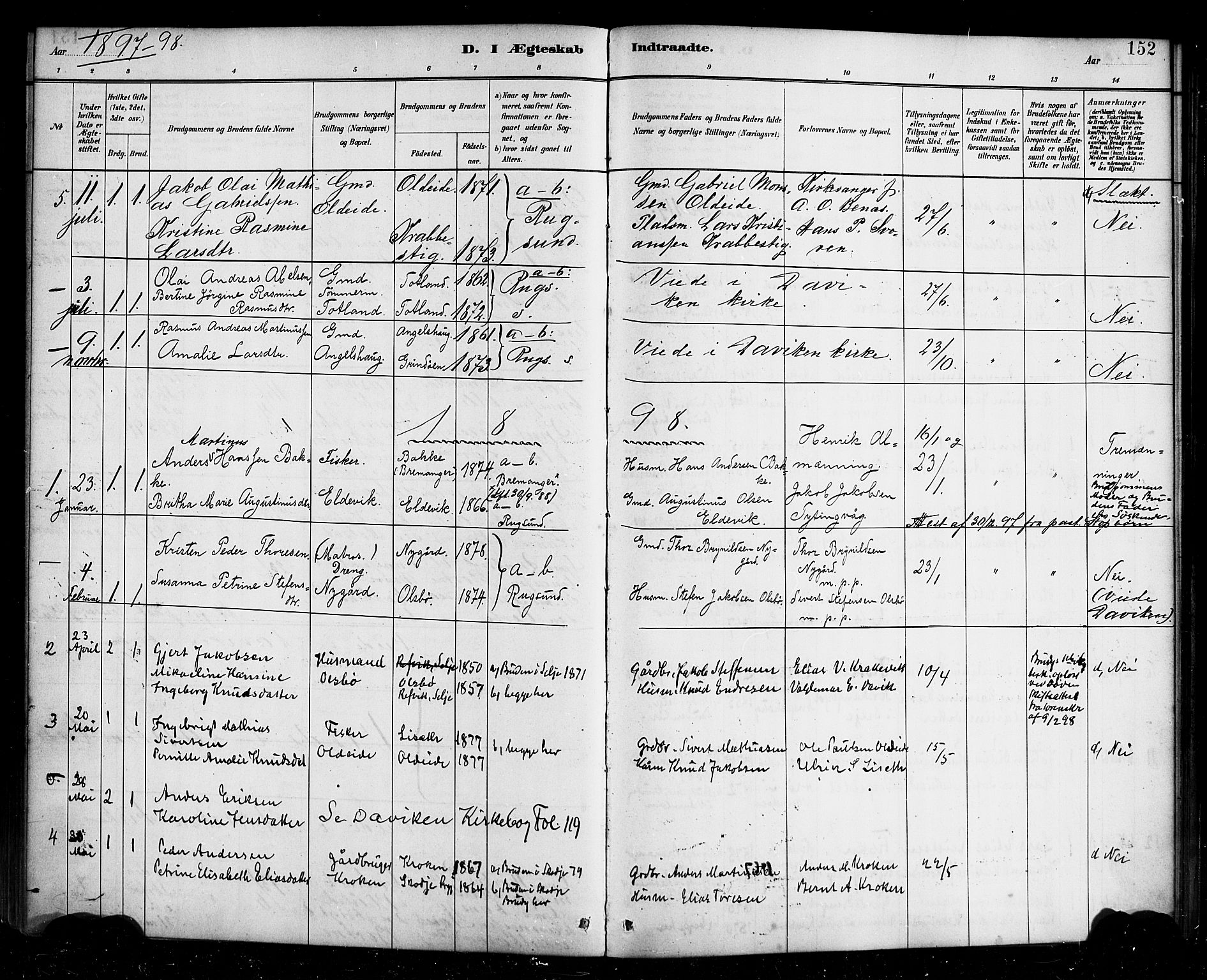 Davik sokneprestembete, SAB/A-79701/H/Haa/Haad/L0001: Parish register (official) no. D 1, 1882-1900, p. 152