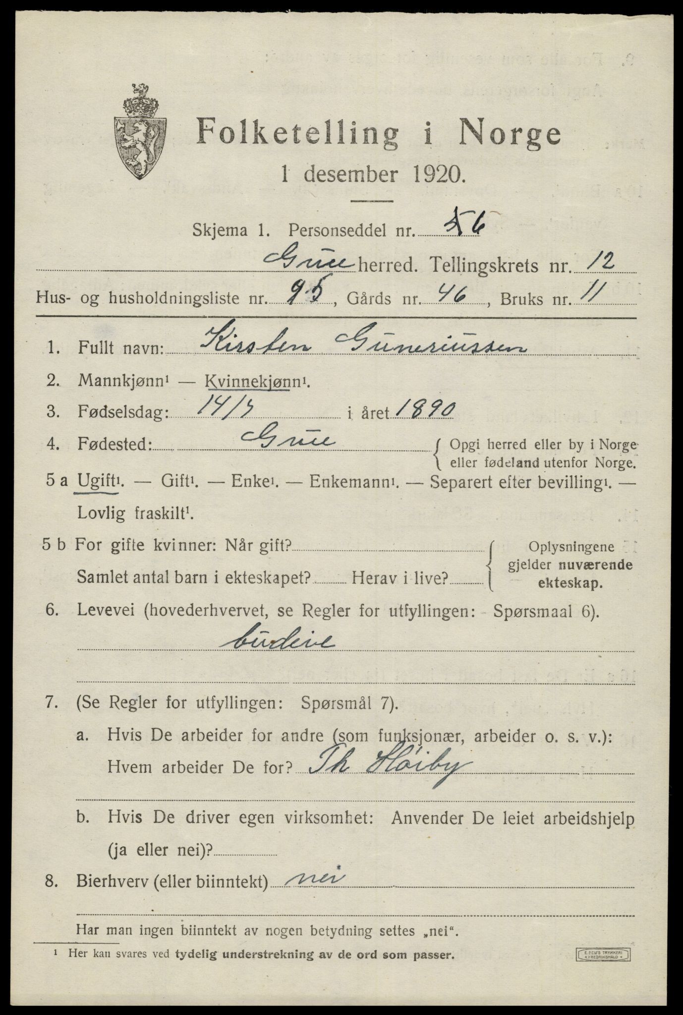 SAH, 1920 census for Grue, 1920, p. 11699