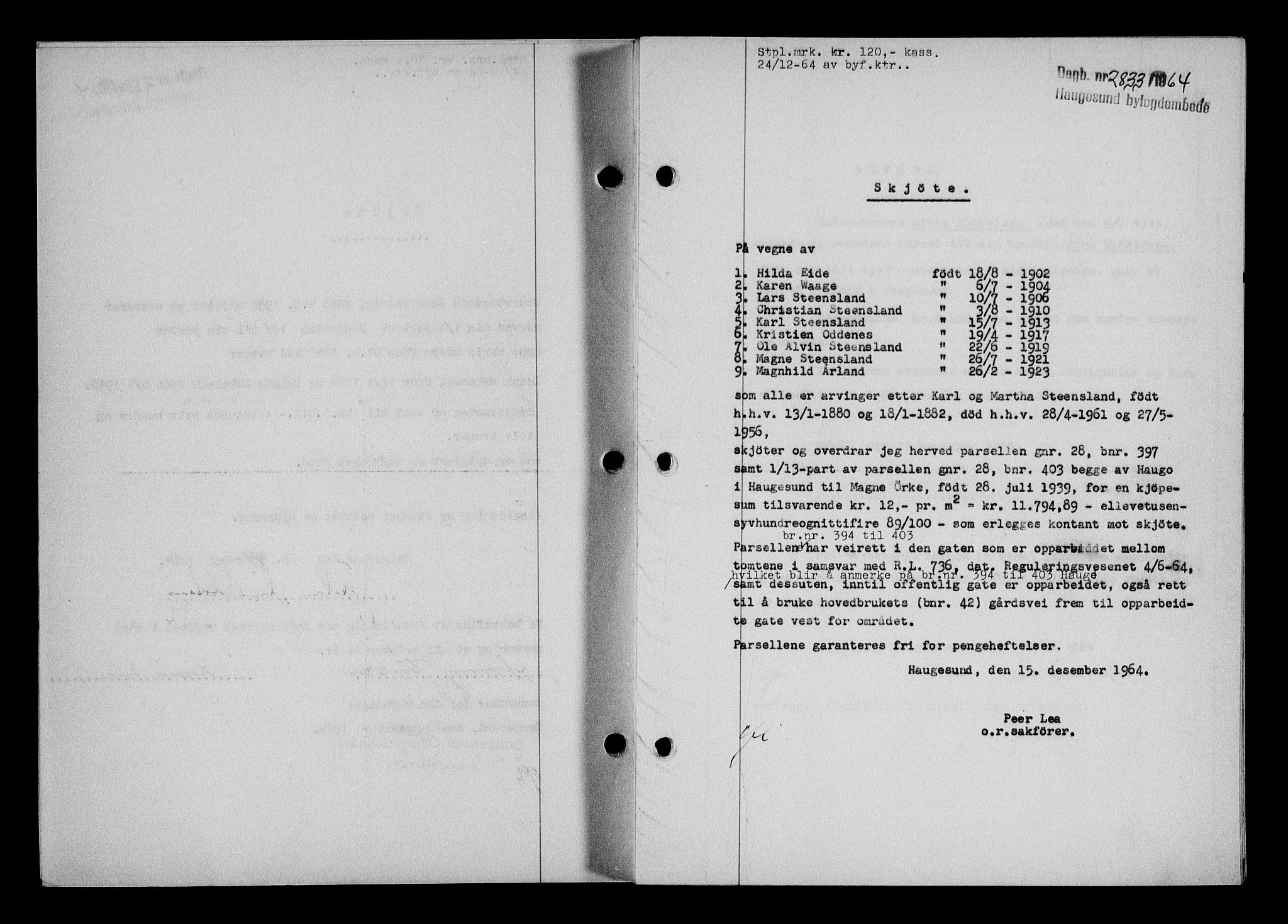 Haugesund tingrett, SAST/A-101415/01/II/IIC/L0075: Mortgage book no. A 16, 1964-1965, Diary no: : 2833/1964