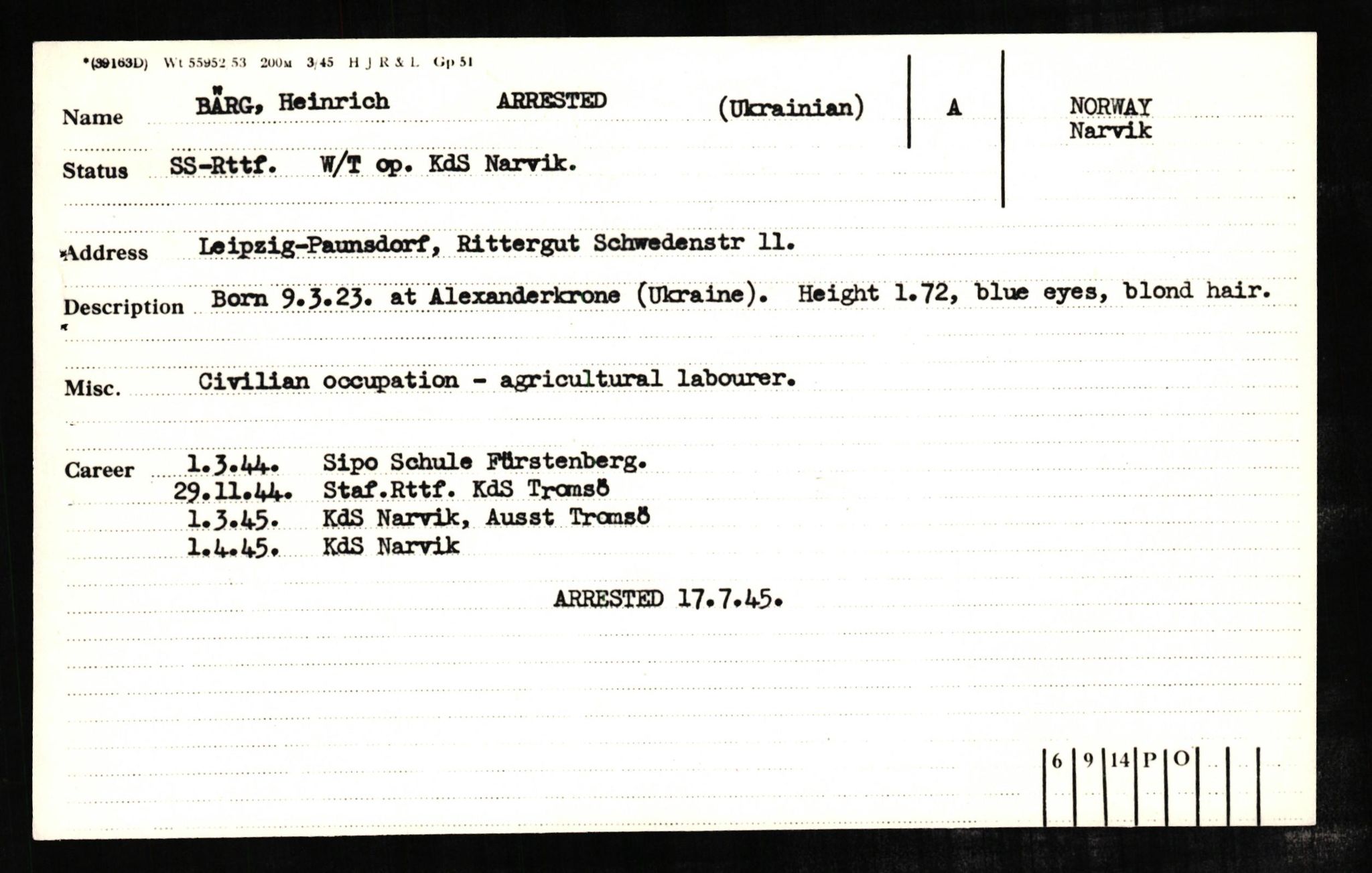 Forsvaret, Forsvarets overkommando II, AV/RA-RAFA-3915/D/Db/L0005: CI Questionaires. Tyske okkupasjonsstyrker i Norge. Tyskere., 1945-1946, p. 102