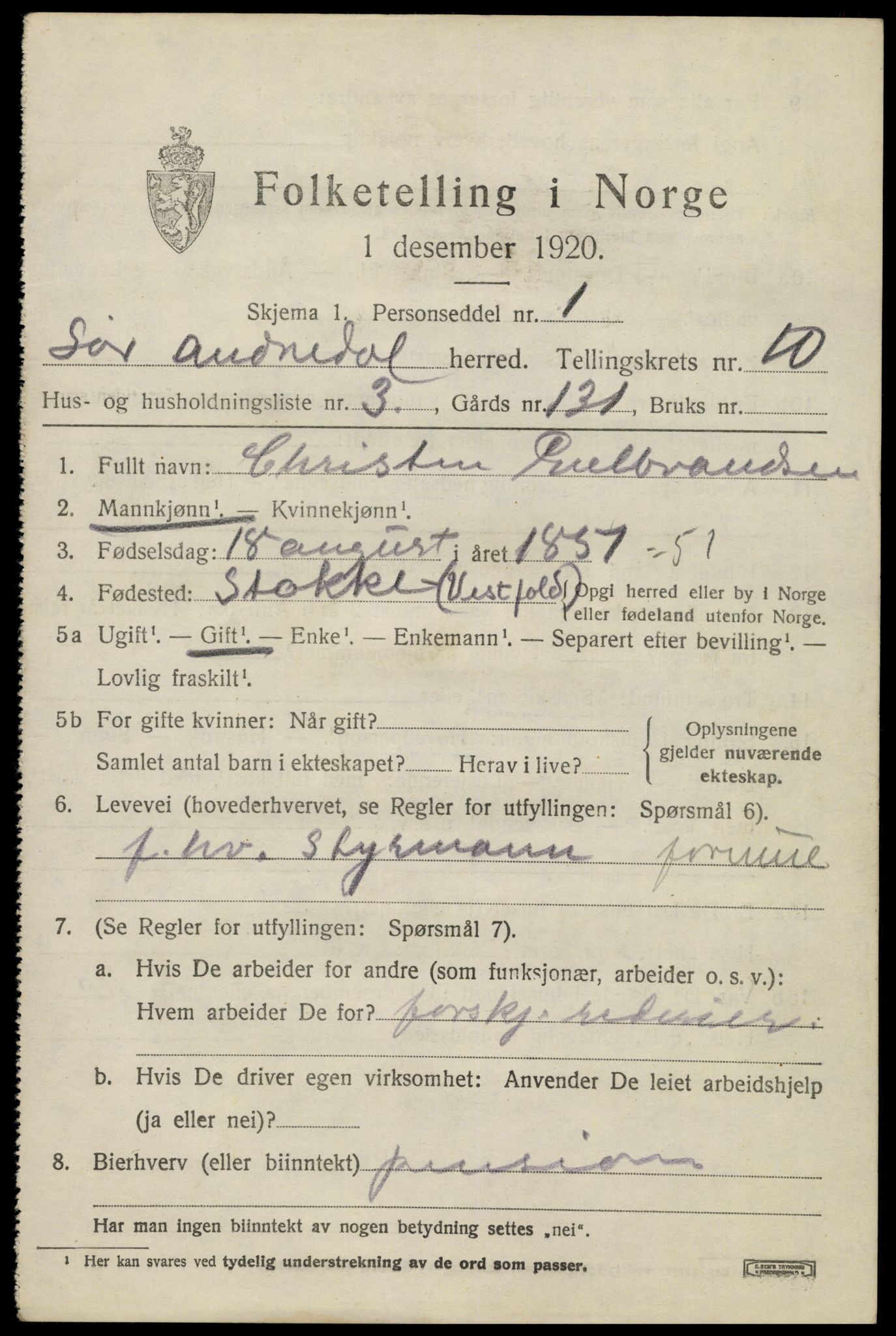 SAK, 1920 census for Sør-Audnedal, 1920, p. 3845