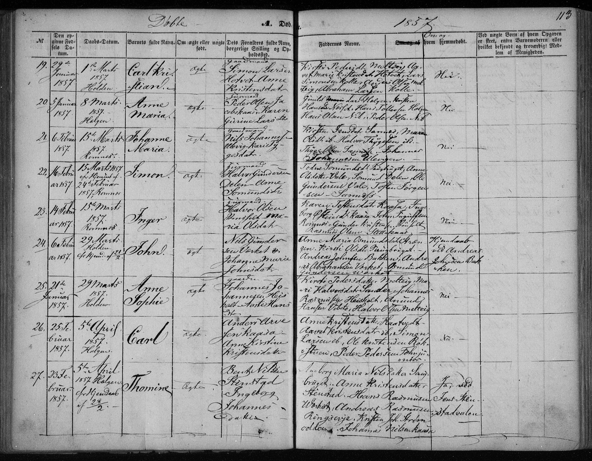 Holla kirkebøker, AV/SAKO-A-272/F/Fa/L0005: Parish register (official) no. 5, 1849-1860, p. 113