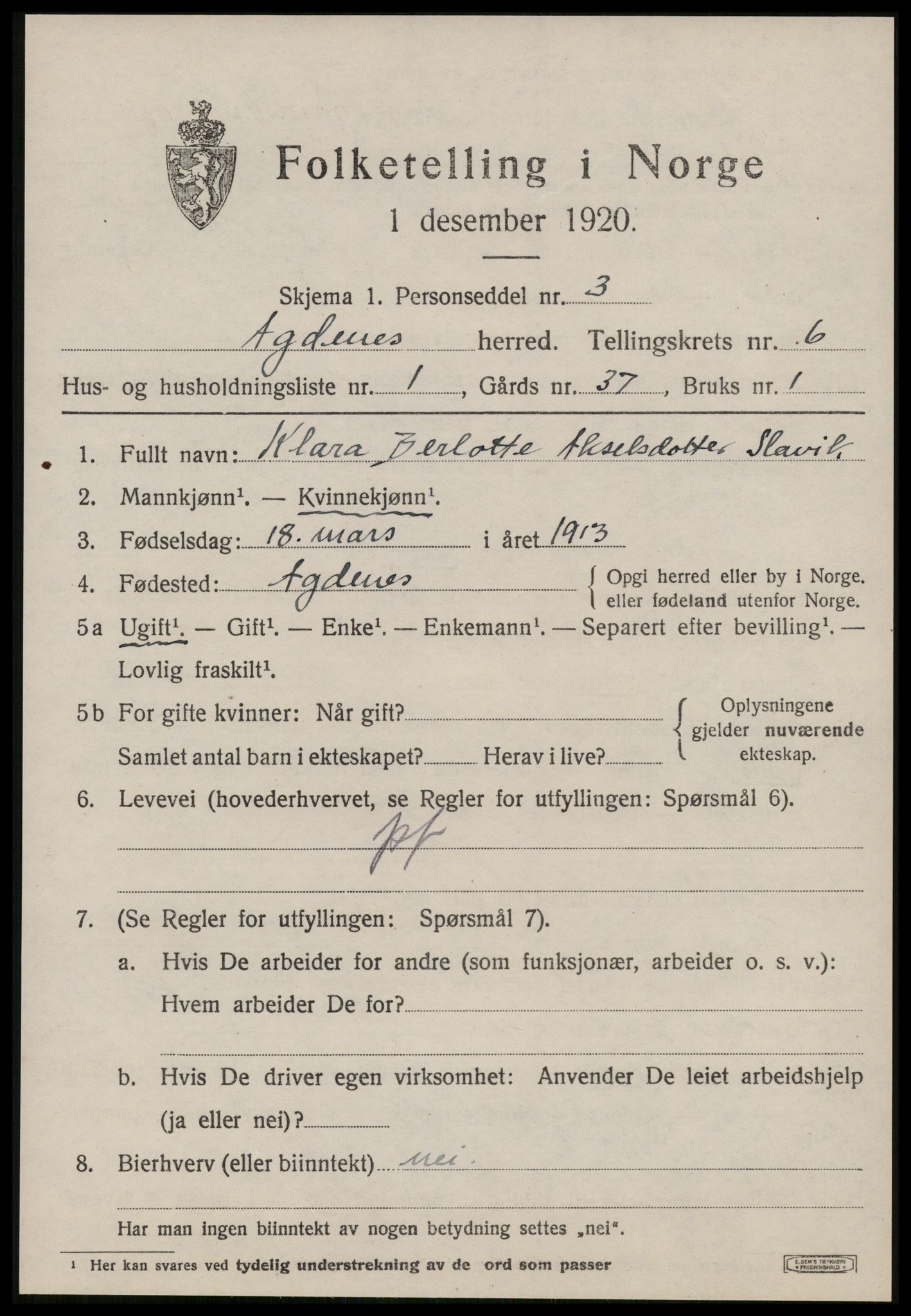 SAT, 1920 census for Agdenes, 1920, p. 2471