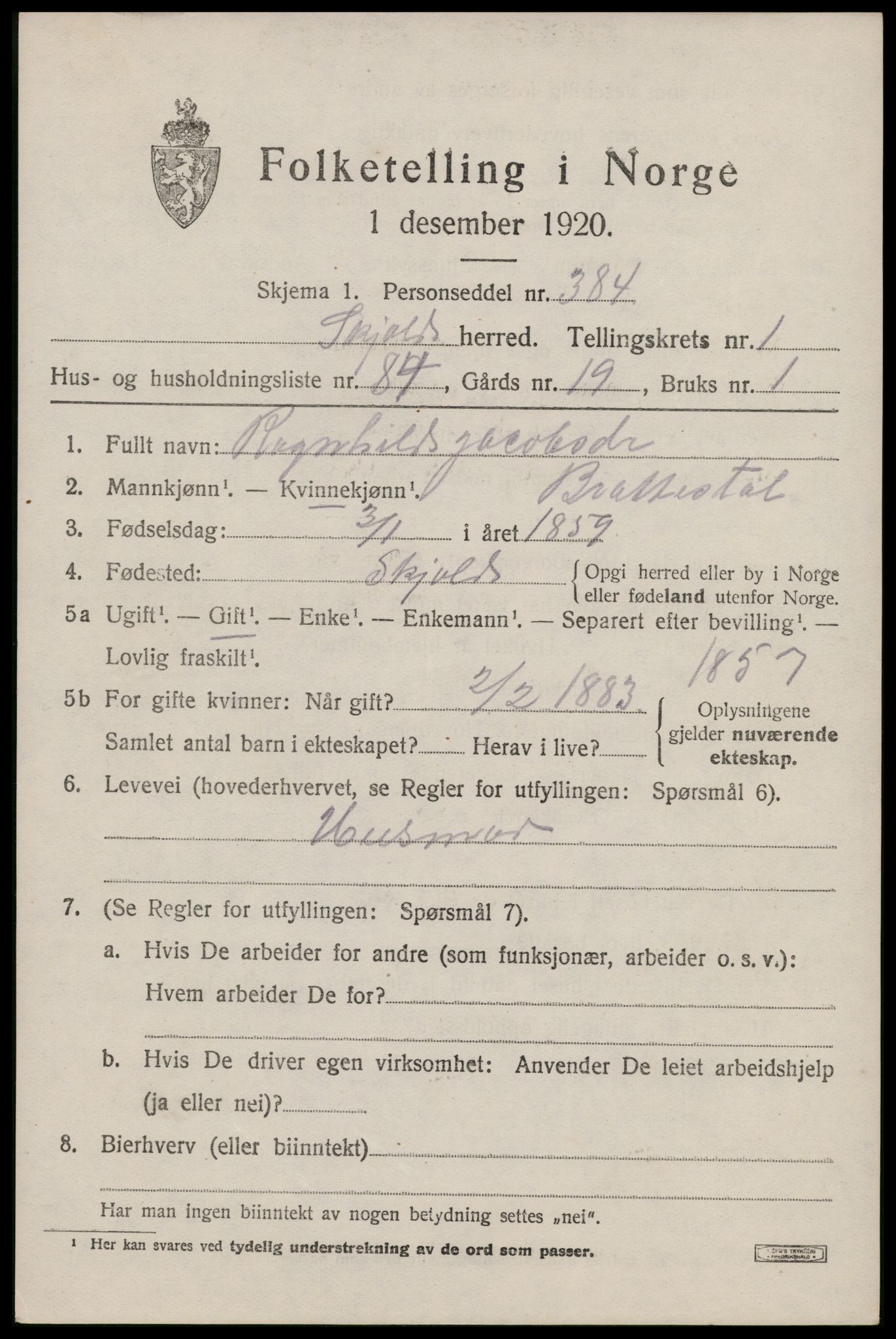 SAST, 1920 census for Skjold, 1920, p. 1680