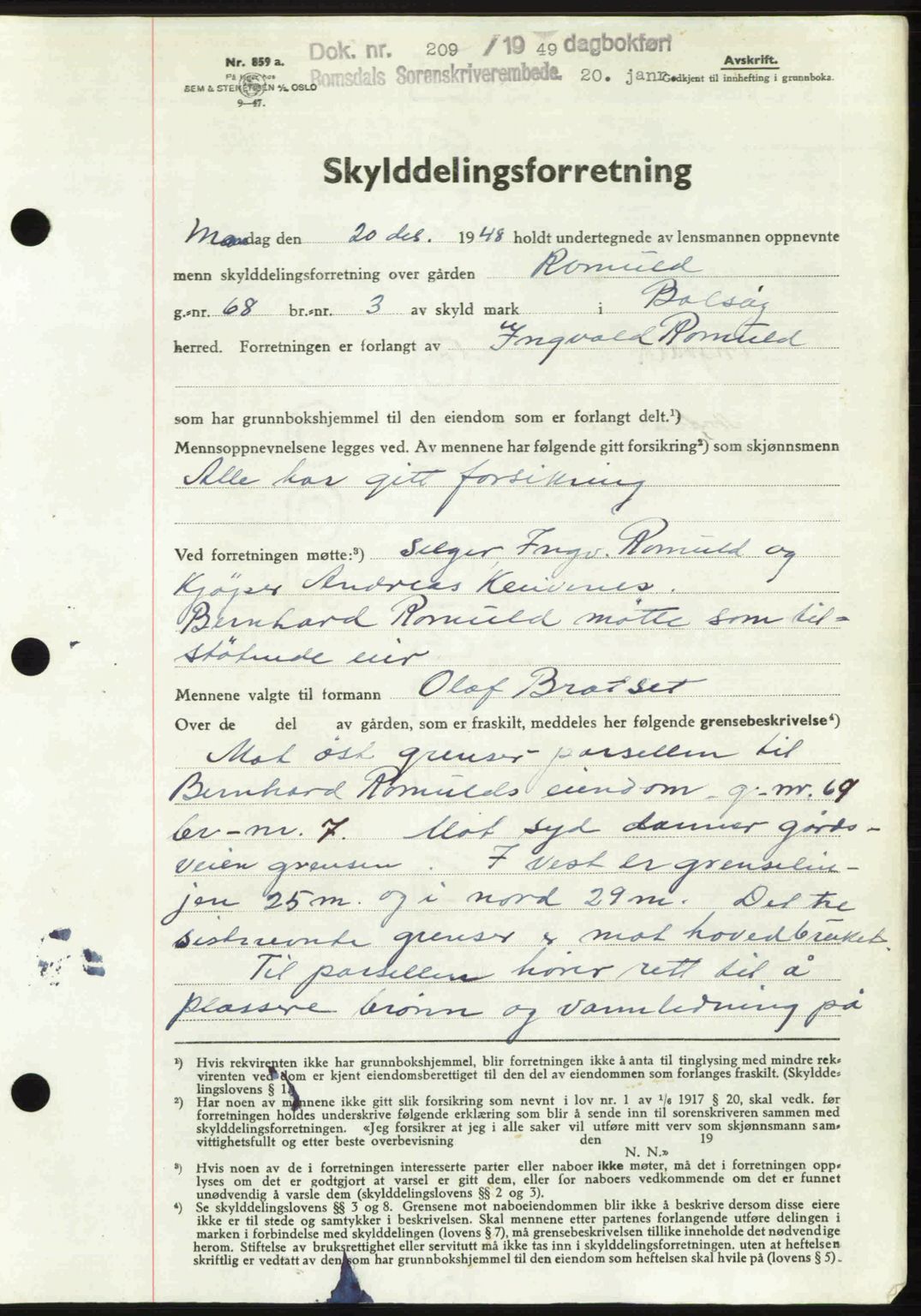 Romsdal sorenskriveri, AV/SAT-A-4149/1/2/2C: Mortgage book no. A28, 1948-1949, Diary no: : 209/1949