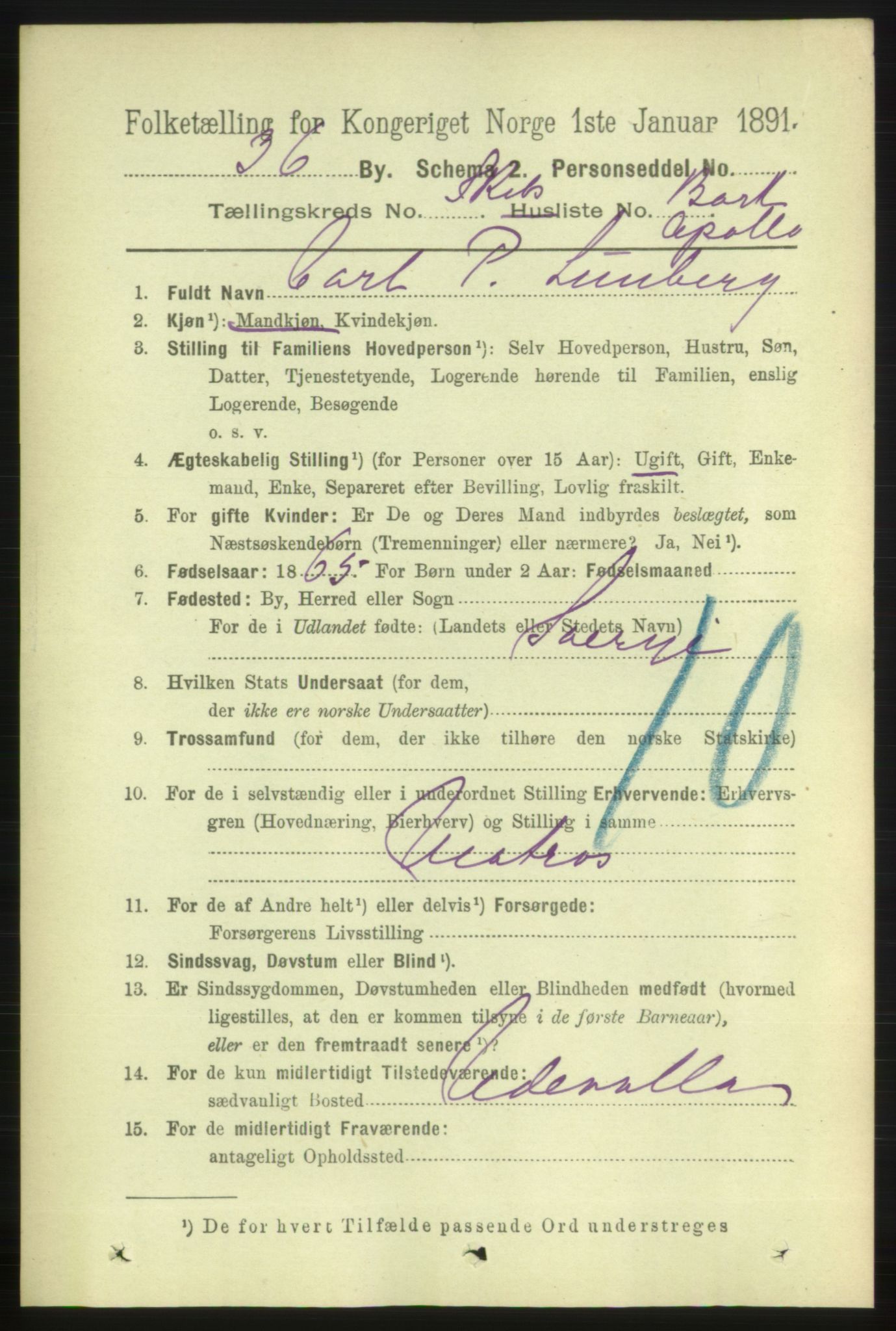 RA, 1891 census for 1001 Kristiansand, 1891, p. 16080