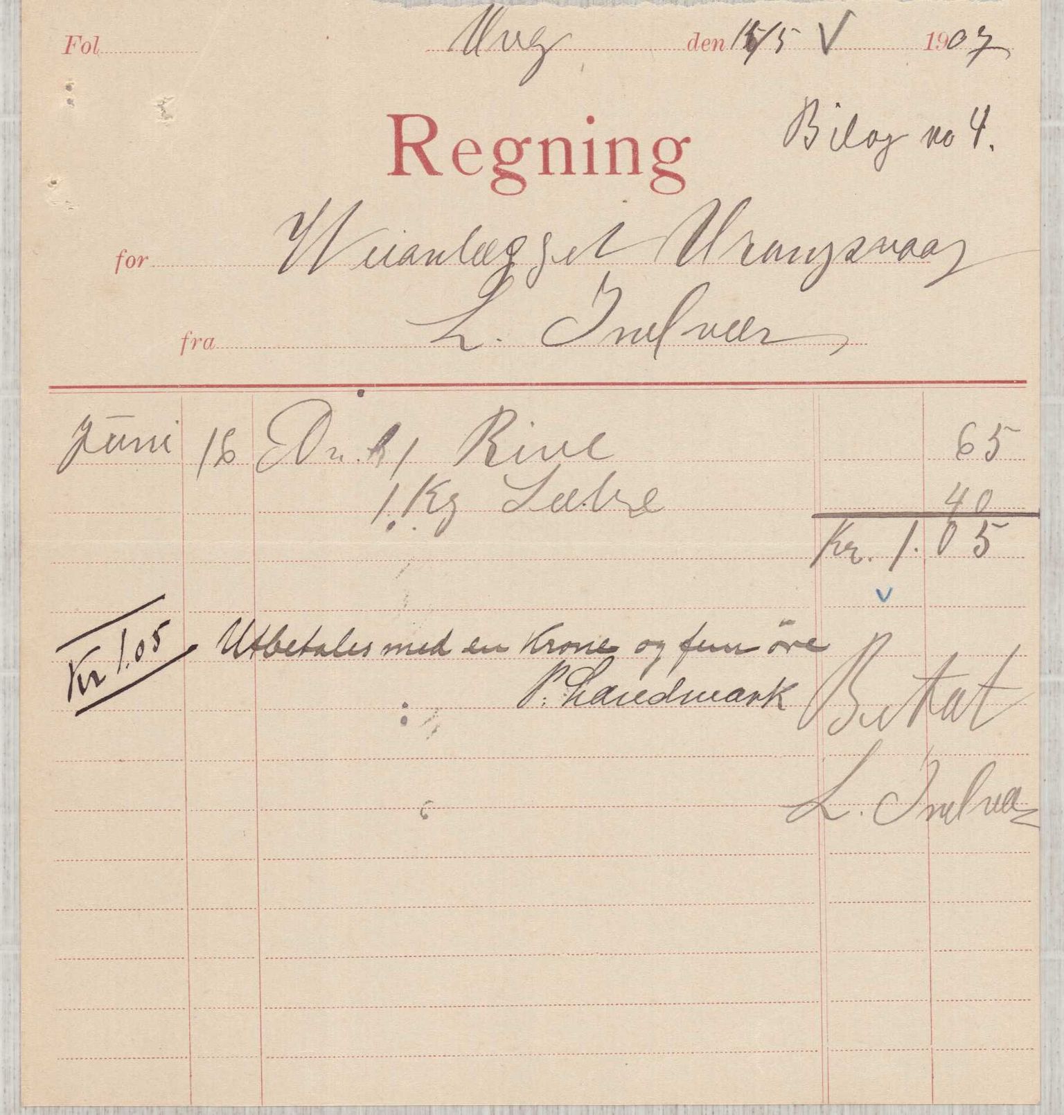 Finnaas kommune. Formannskapet, IKAH/1218a-021/E/Ea/L0002/0005: Rekneskap for veganlegg / Rekneskap for veganlegget Urangsvåg - Mælandsvåg, 1907-1909, p. 14