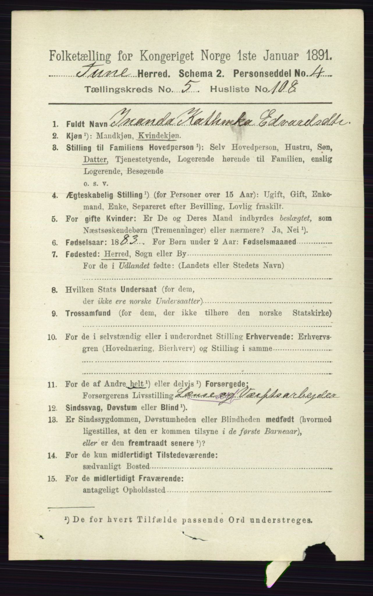 RA, 1891 census for 0130 Tune, 1891, p. 3943