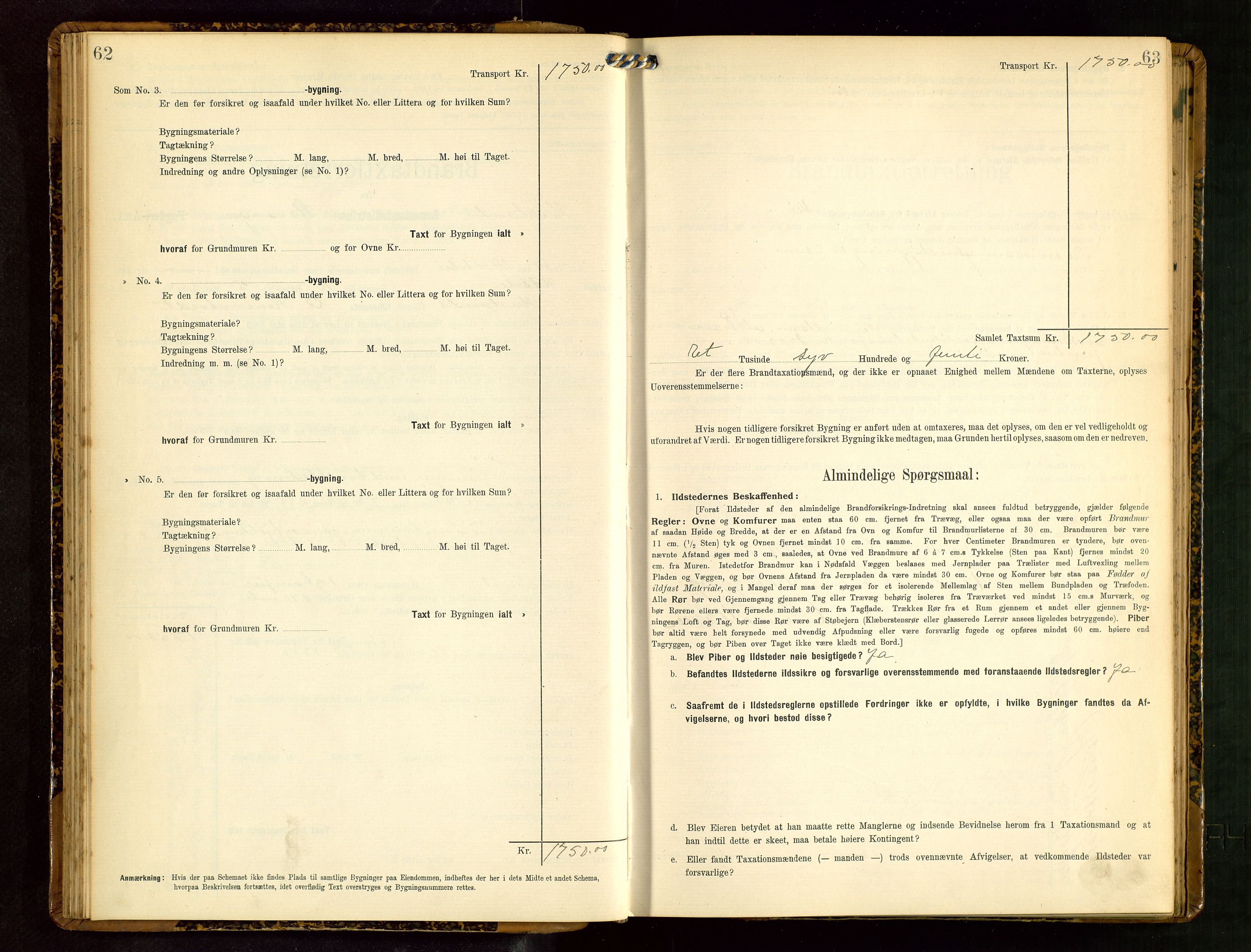 Håland lensmannskontor, AV/SAST-A-100100/Gob/L0003: Branntakstprotokoll - skjematakst. Register i boken., 1909-1910, p. 62-63