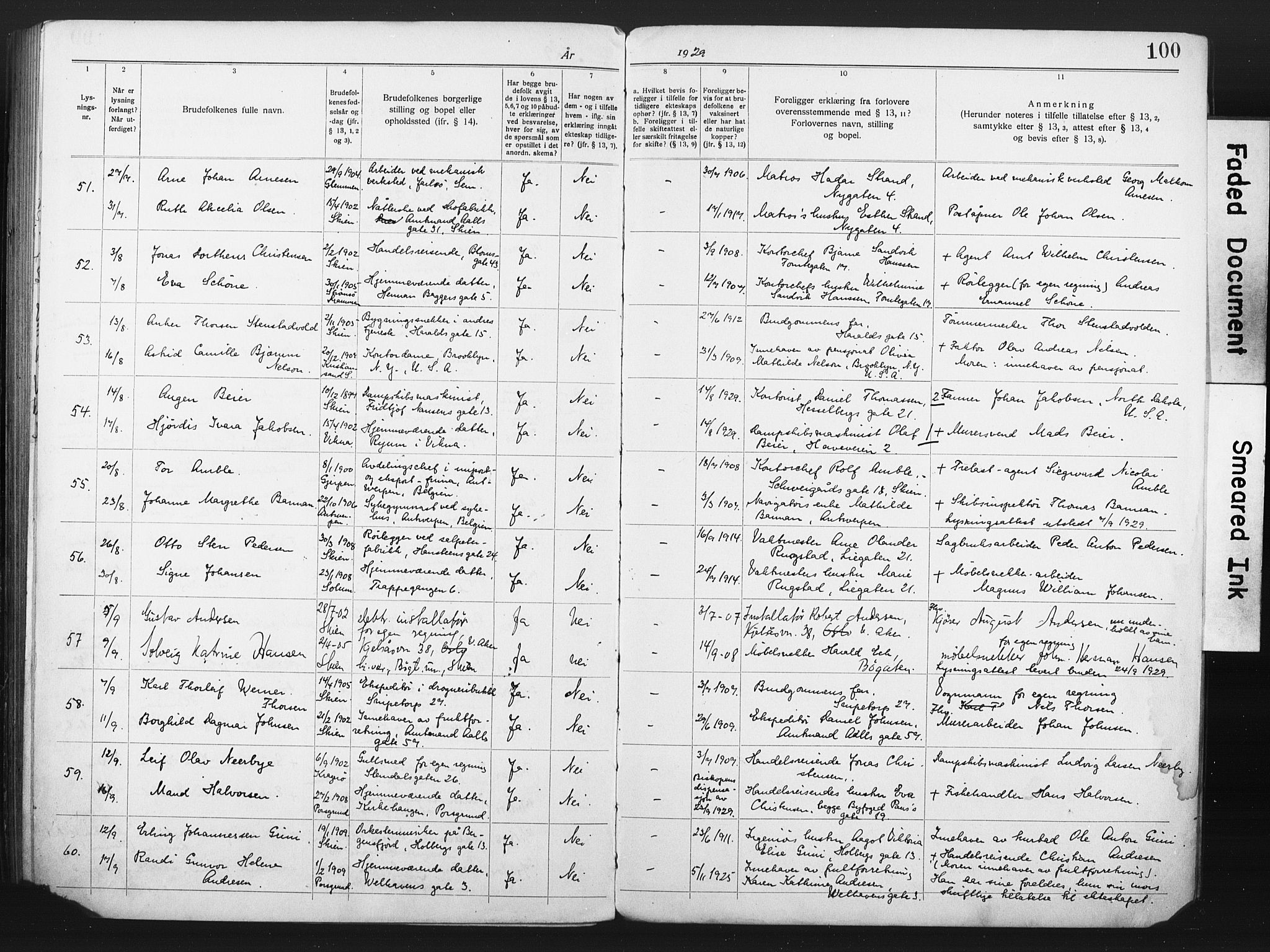 Skien kirkebøker, SAKO/A-302/H/Ha/L0001: Banns register no. 1, 1919-1929, p. 100