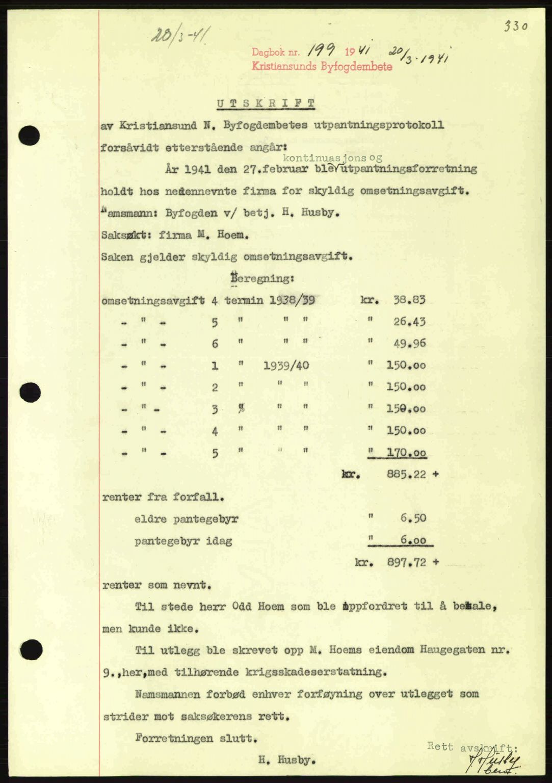 Kristiansund byfogd, AV/SAT-A-4587/A/27: Mortgage book no. 33, 1939-1941, Diary no: : 199/1941