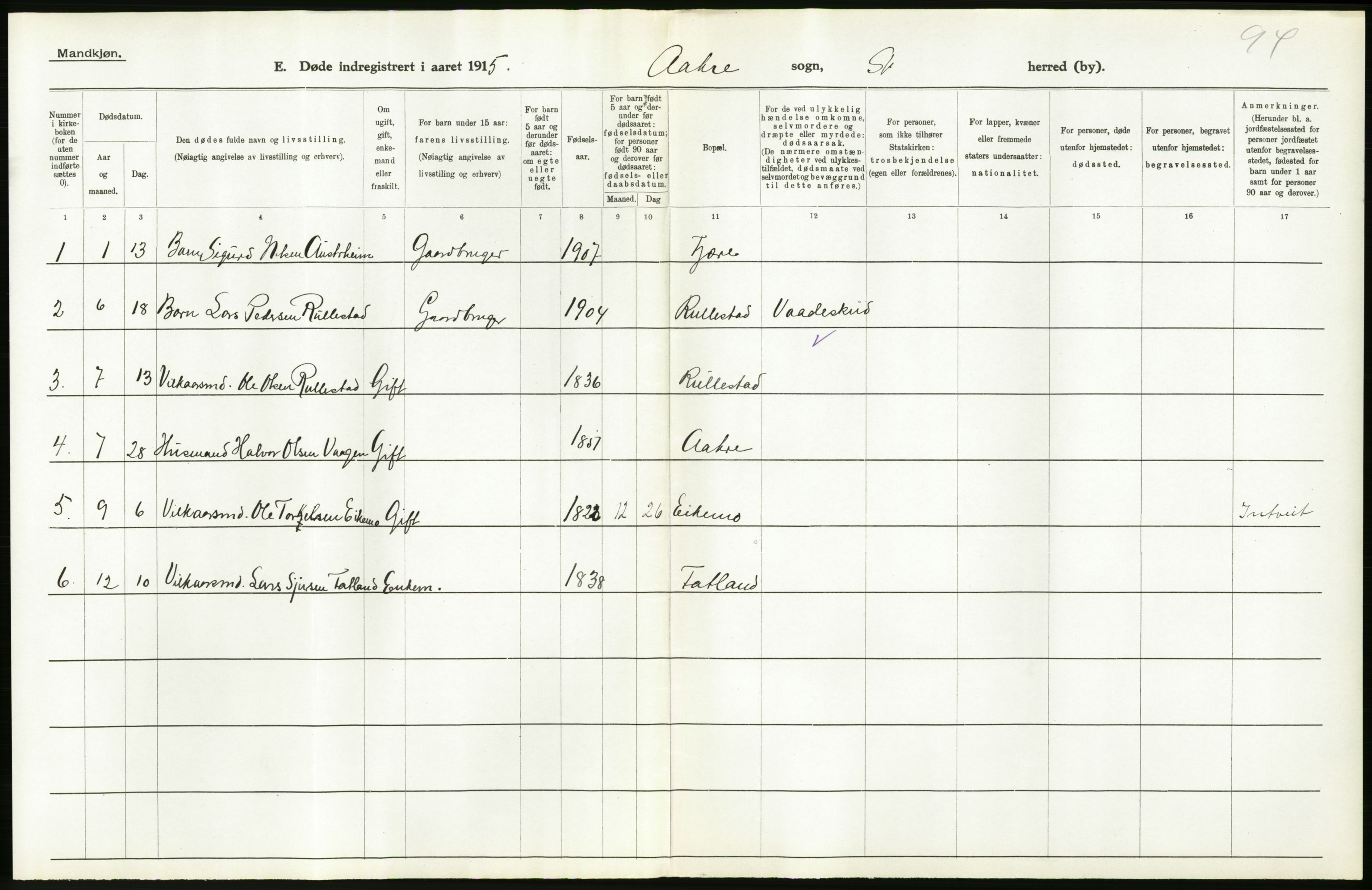 Statistisk sentralbyrå, Sosiodemografiske emner, Befolkning, RA/S-2228/D/Df/Dfb/Dfbe/L0032: S. Bergenhus amt: Døde, dødfødte. Bygder., 1915, p. 18