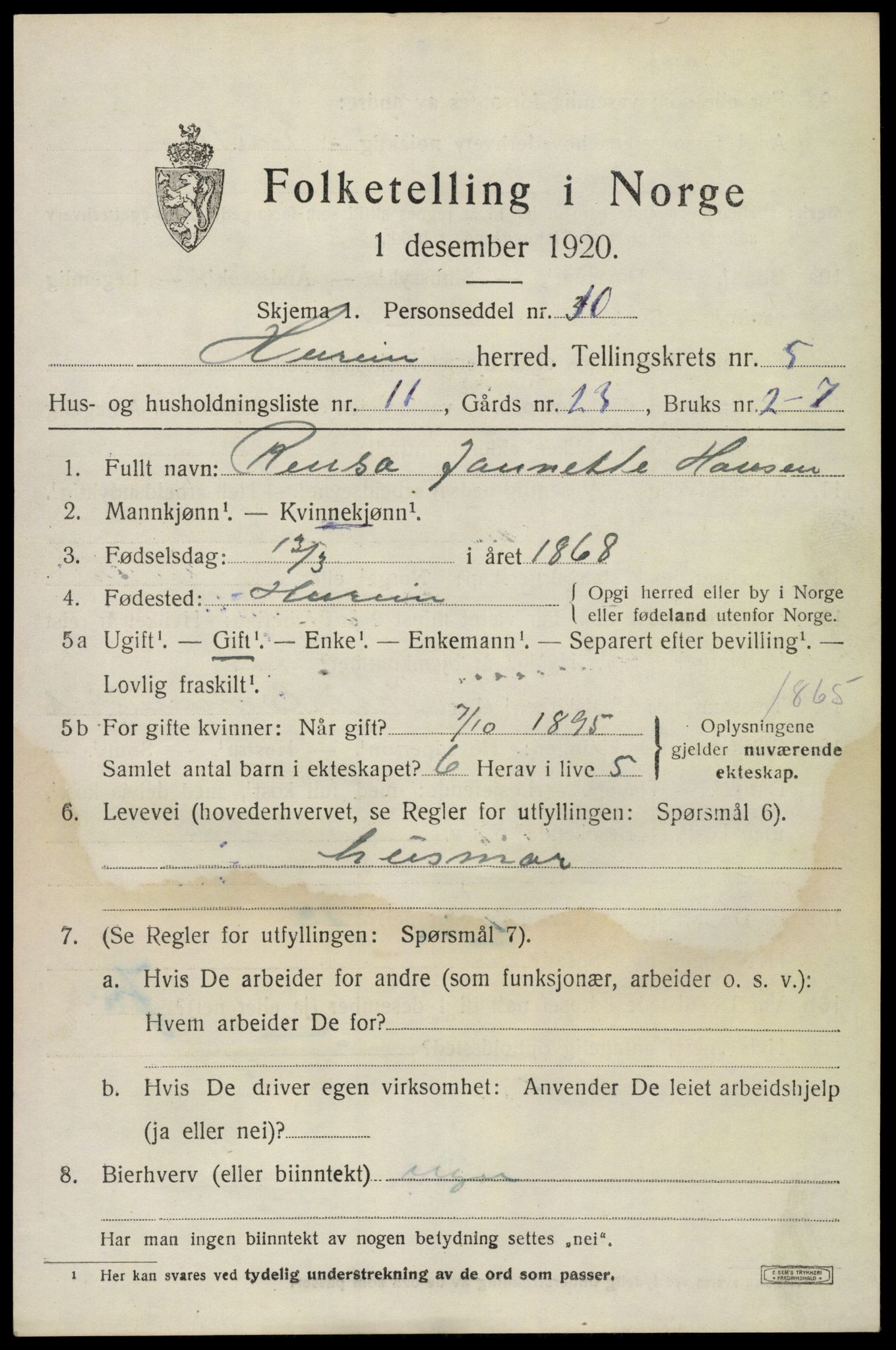 SAKO, 1920 census for Hurum, 1920, p. 6210