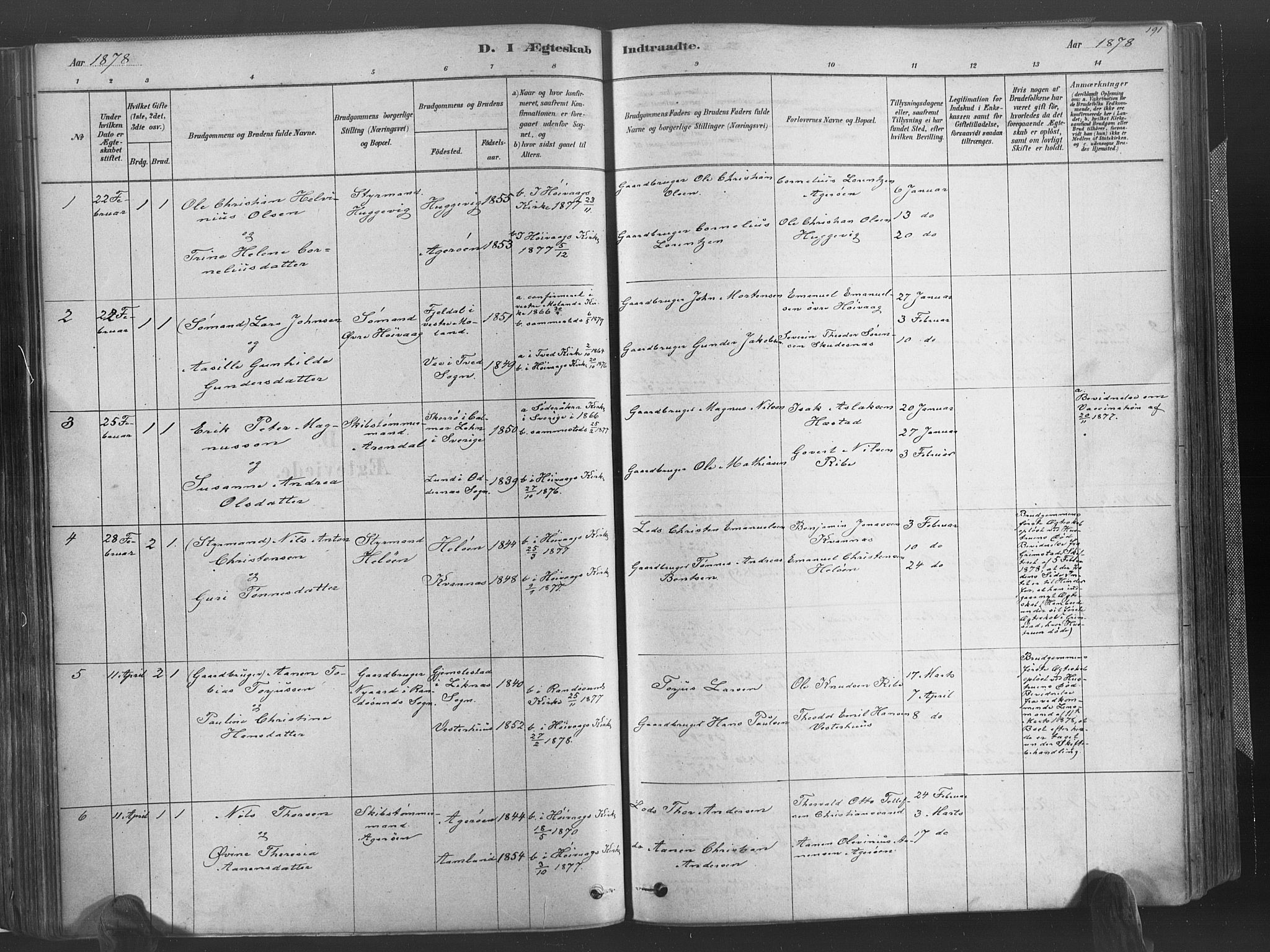 Høvåg sokneprestkontor, SAK/1111-0025/F/Fa/L0005: Parish register (official) no. A 5, 1878-1893, p. 191