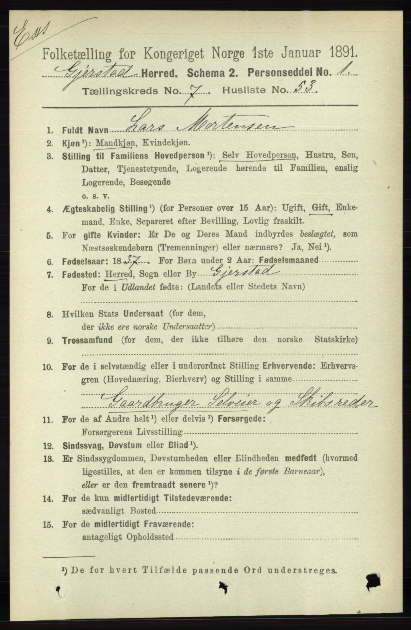 RA, Census 1891 for Nedenes amt: Gjenparter av personsedler for beslektede ektefeller, menn, 1891, p. 103