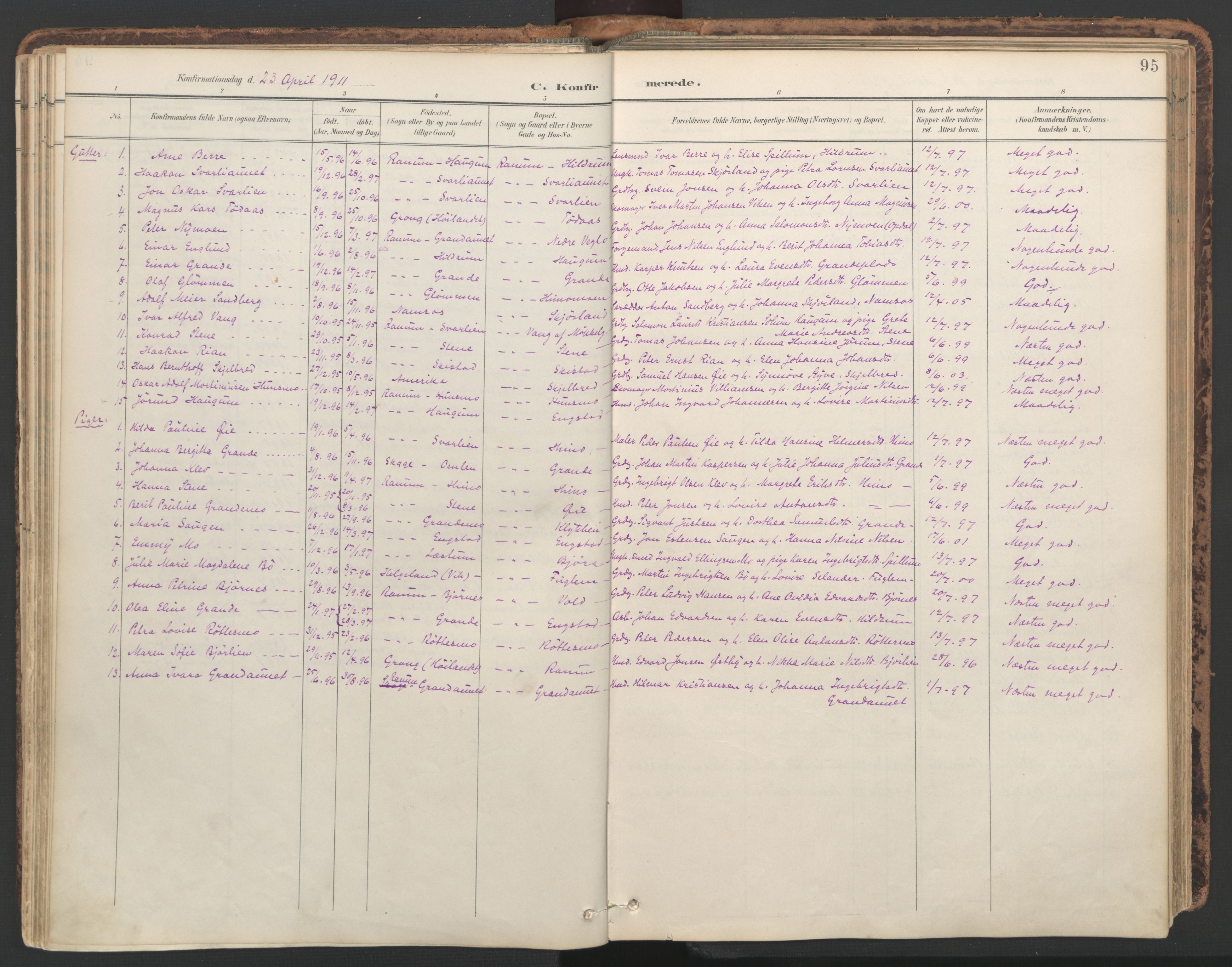 Ministerialprotokoller, klokkerbøker og fødselsregistre - Nord-Trøndelag, SAT/A-1458/764/L0556: Parish register (official) no. 764A11, 1897-1924, p. 95