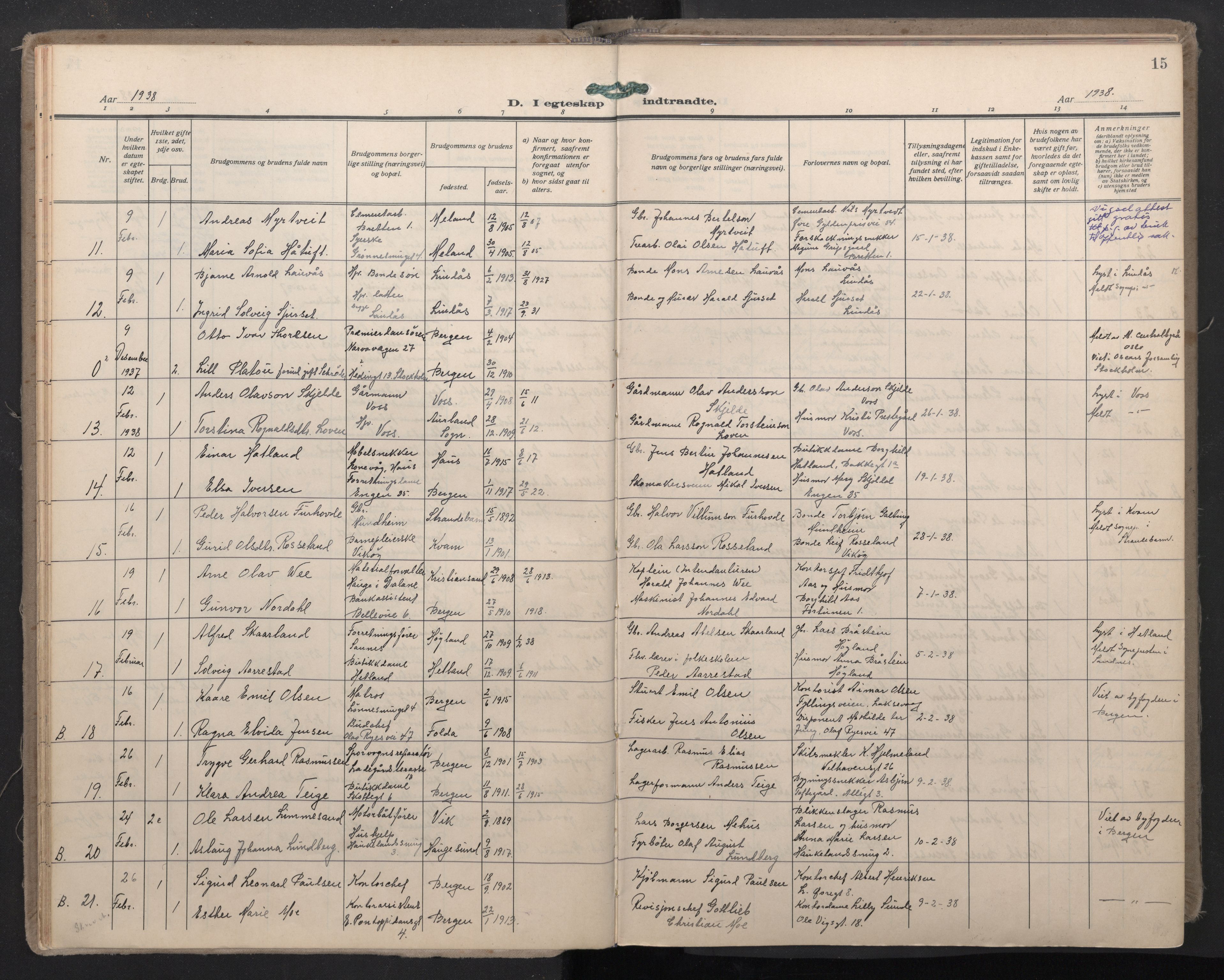 Domkirken sokneprestembete, SAB/A-74801/H/Haa: Parish register (official) no. D 7, 1937-1950, p. 14b-15a