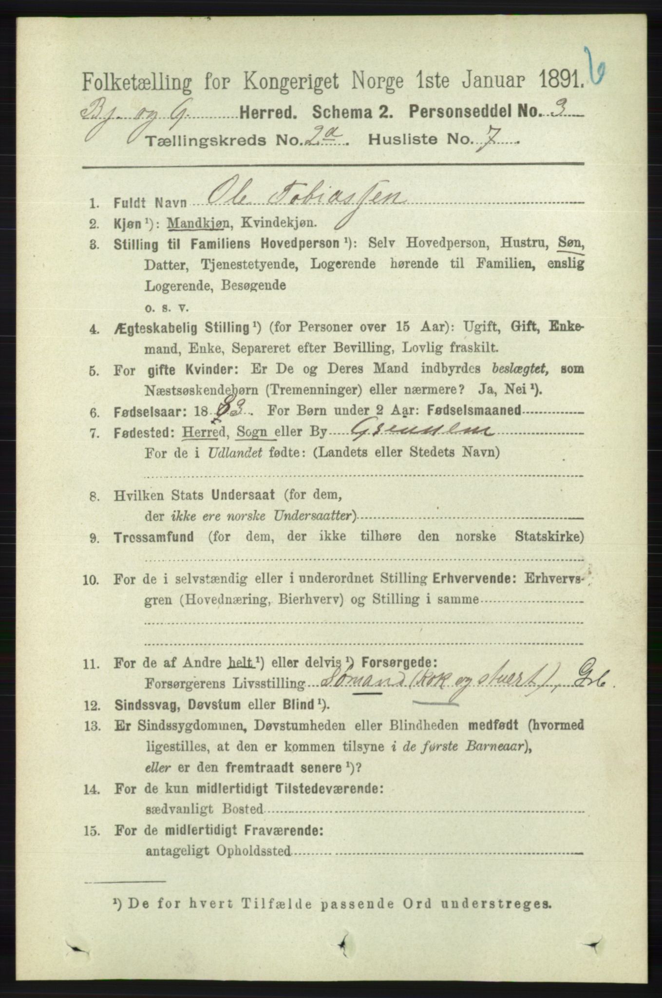 RA, 1891 census for 1024 Bjelland og Grindheim, 1891, p. 347