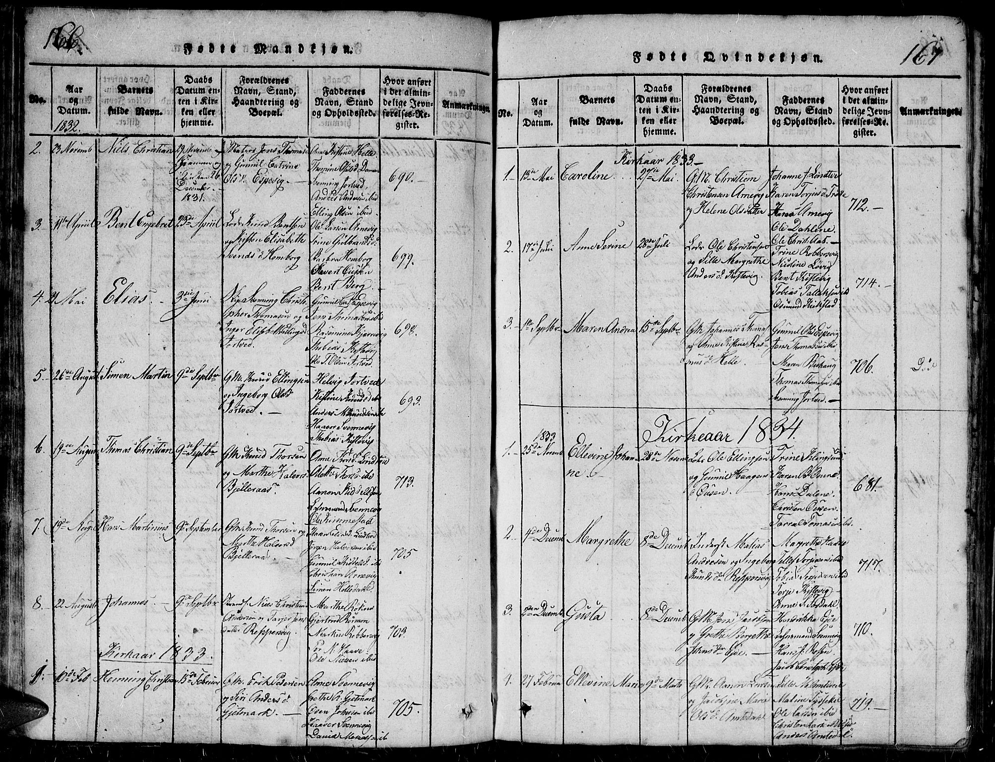 Hommedal sokneprestkontor, AV/SAK-1111-0023/F/Fb/Fbb/L0003: Parish register (copy) no. B 3 /2, 1816-1850, p. 166-167