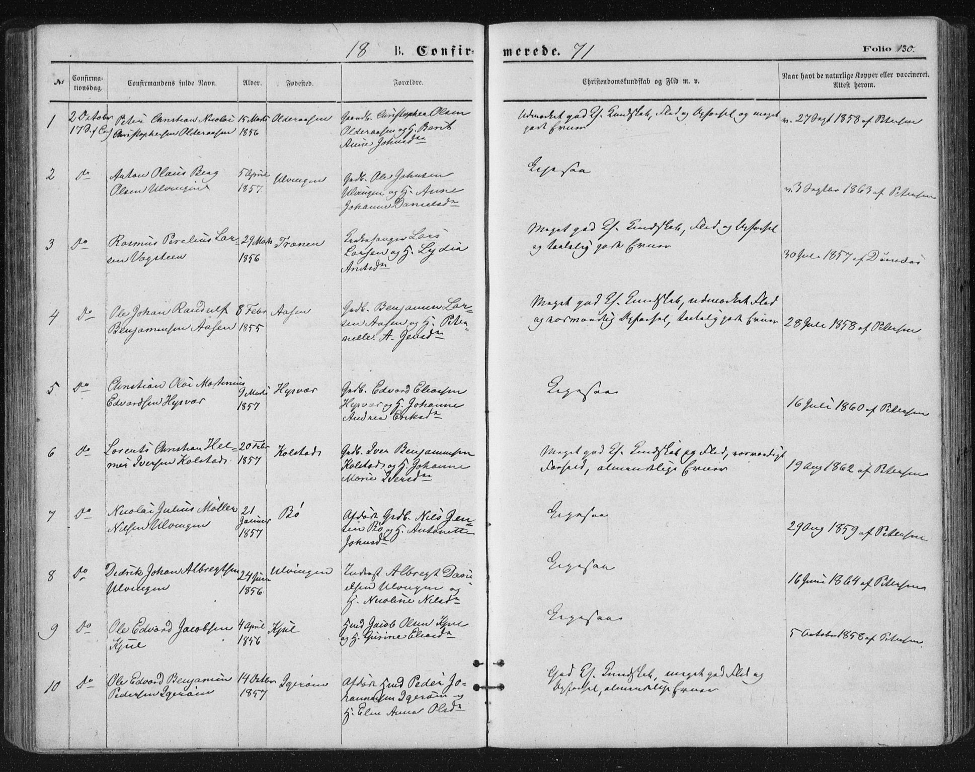 Ministerialprotokoller, klokkerbøker og fødselsregistre - Nordland, AV/SAT-A-1459/816/L0241: Parish register (official) no. 816A07, 1870-1885, p. 130