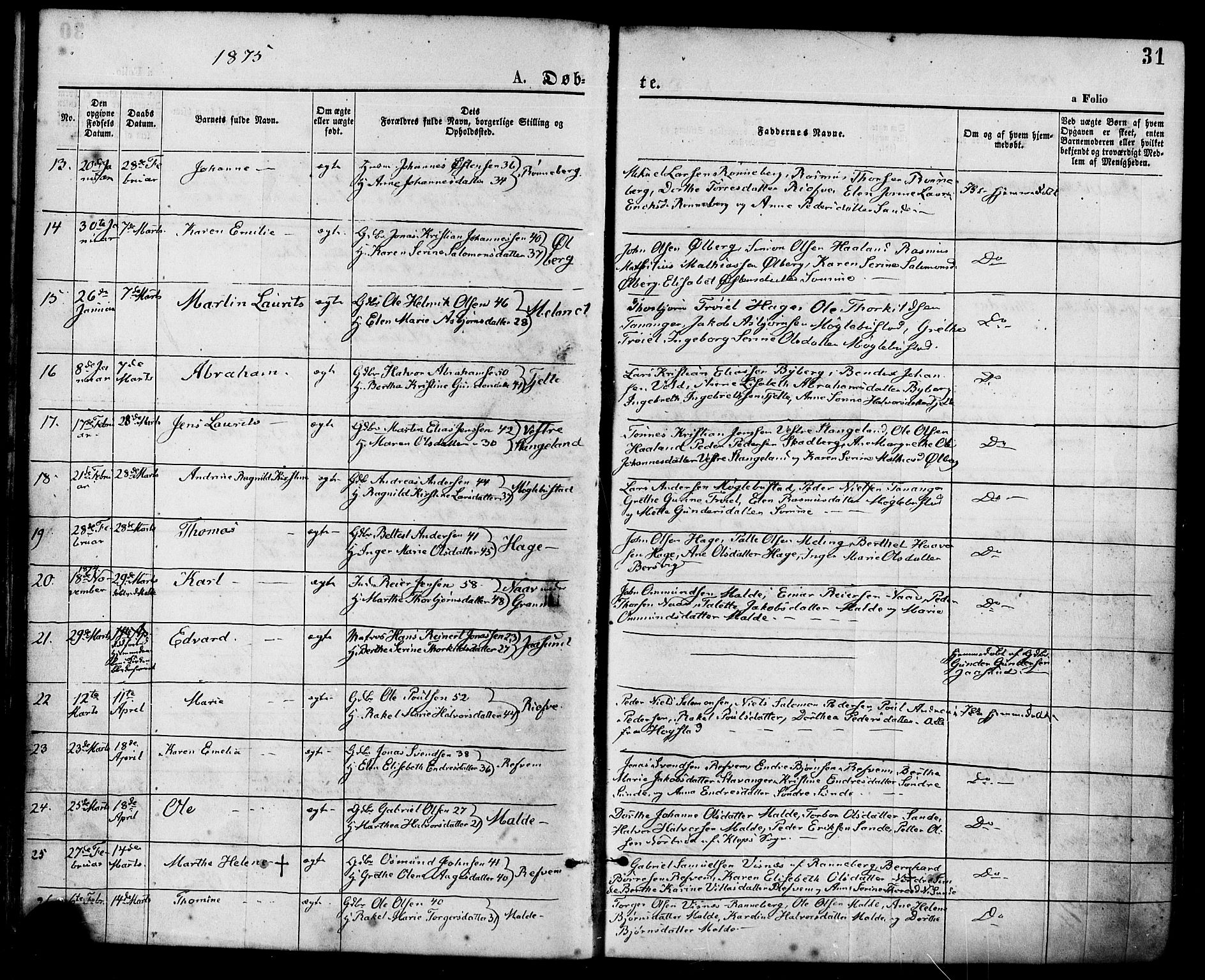 Håland sokneprestkontor, AV/SAST-A-101802/001/30BA/L0009: Parish register (official) no. A 8, 1871-1882, p. 31