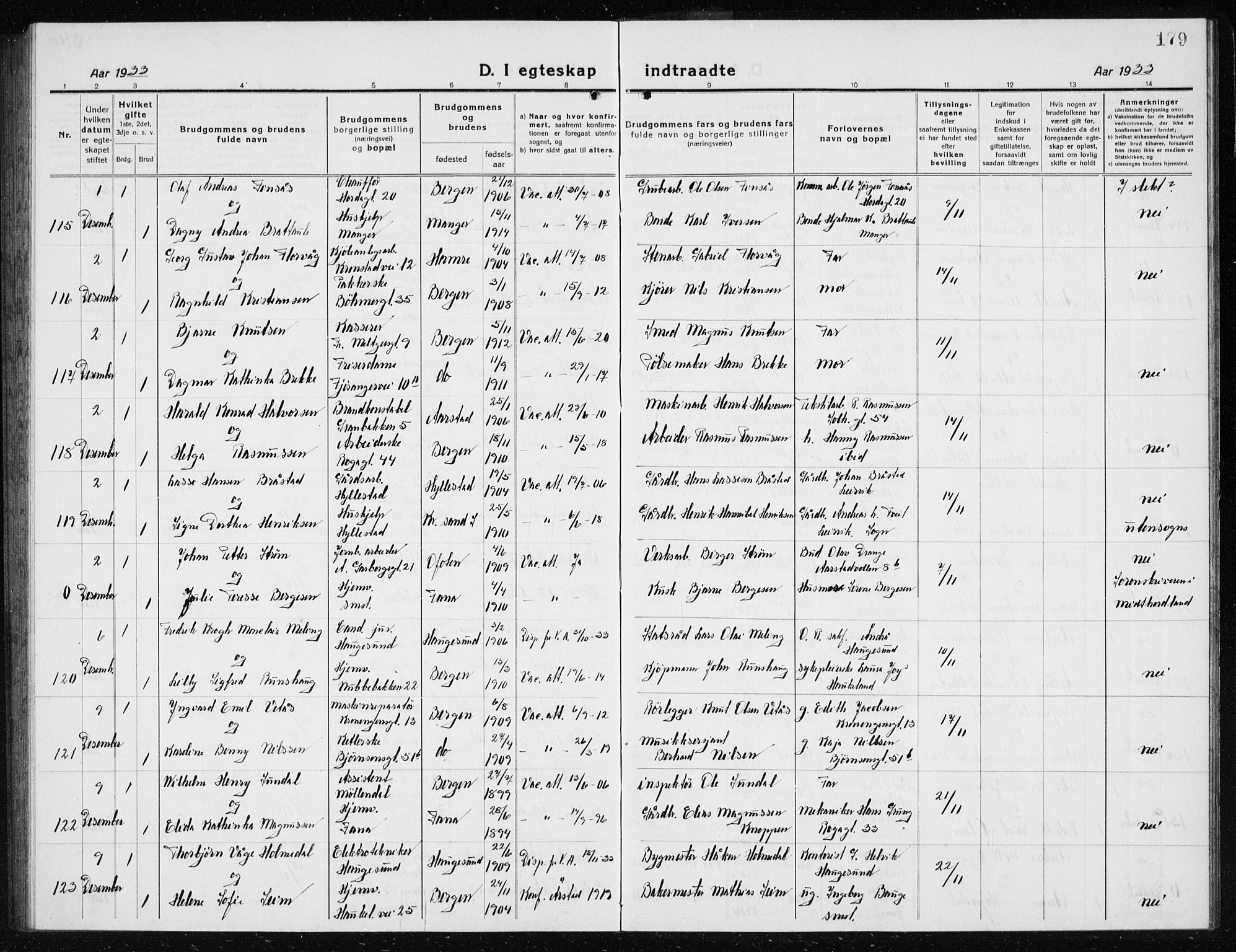 Årstad Sokneprestembete, AV/SAB-A-79301/H/Hab/L0020: Parish register (copy) no. C  2, 1920-1935, p. 179