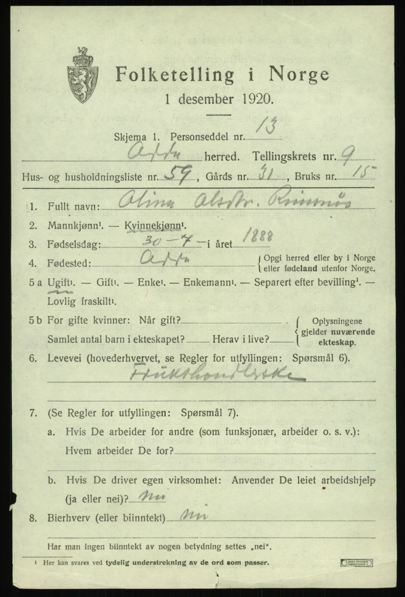 SAB, 1920 census for Odda, 1920, p. 9421