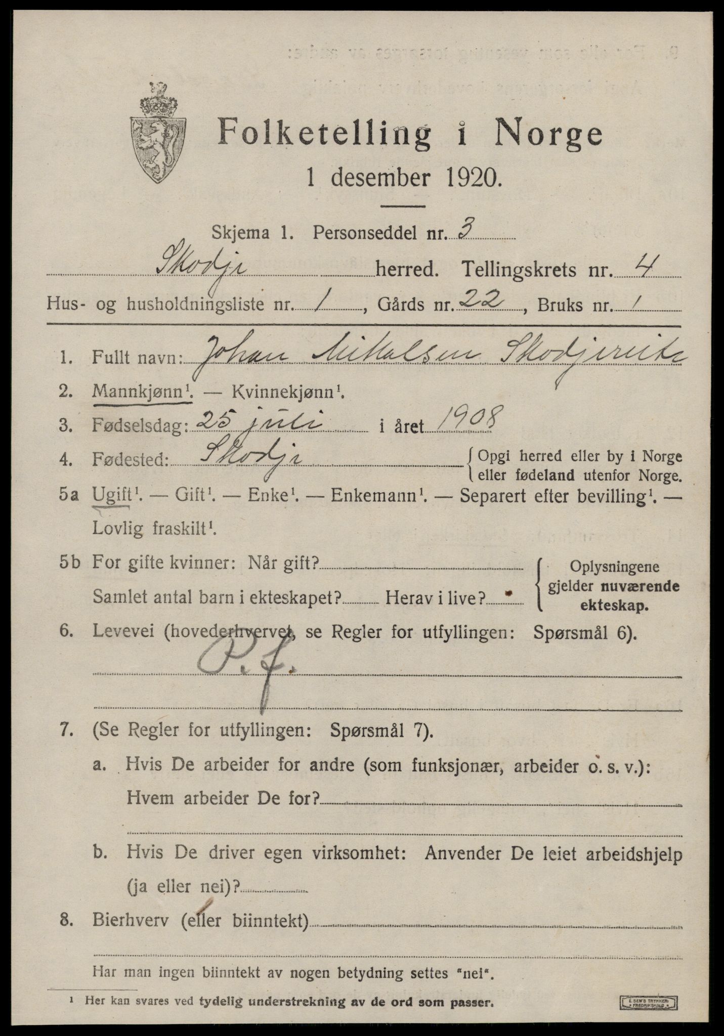 SAT, 1920 census for Skodje, 1920, p. 1827