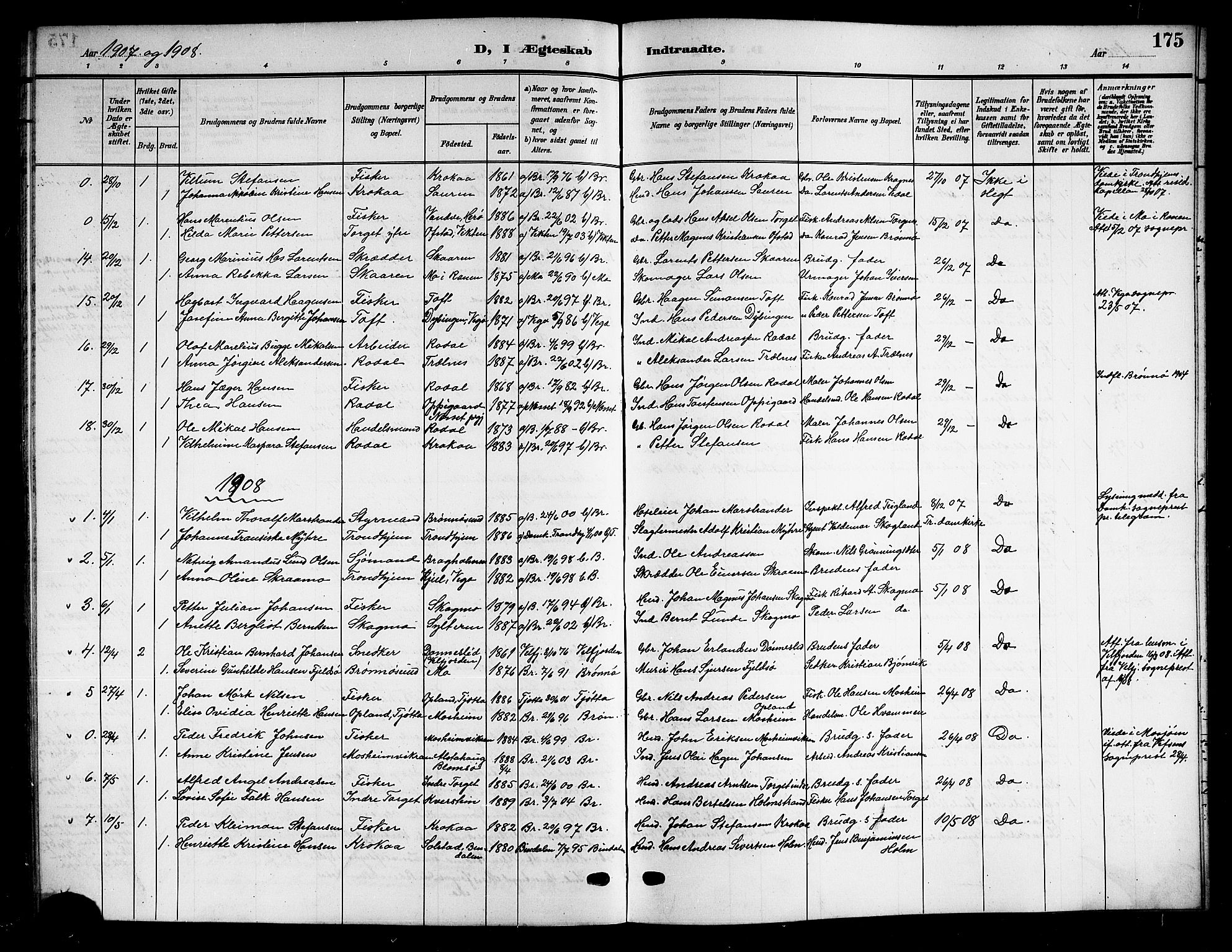 Ministerialprotokoller, klokkerbøker og fødselsregistre - Nordland, SAT/A-1459/813/L0214: Parish register (copy) no. 813C06, 1904-1917, p. 175