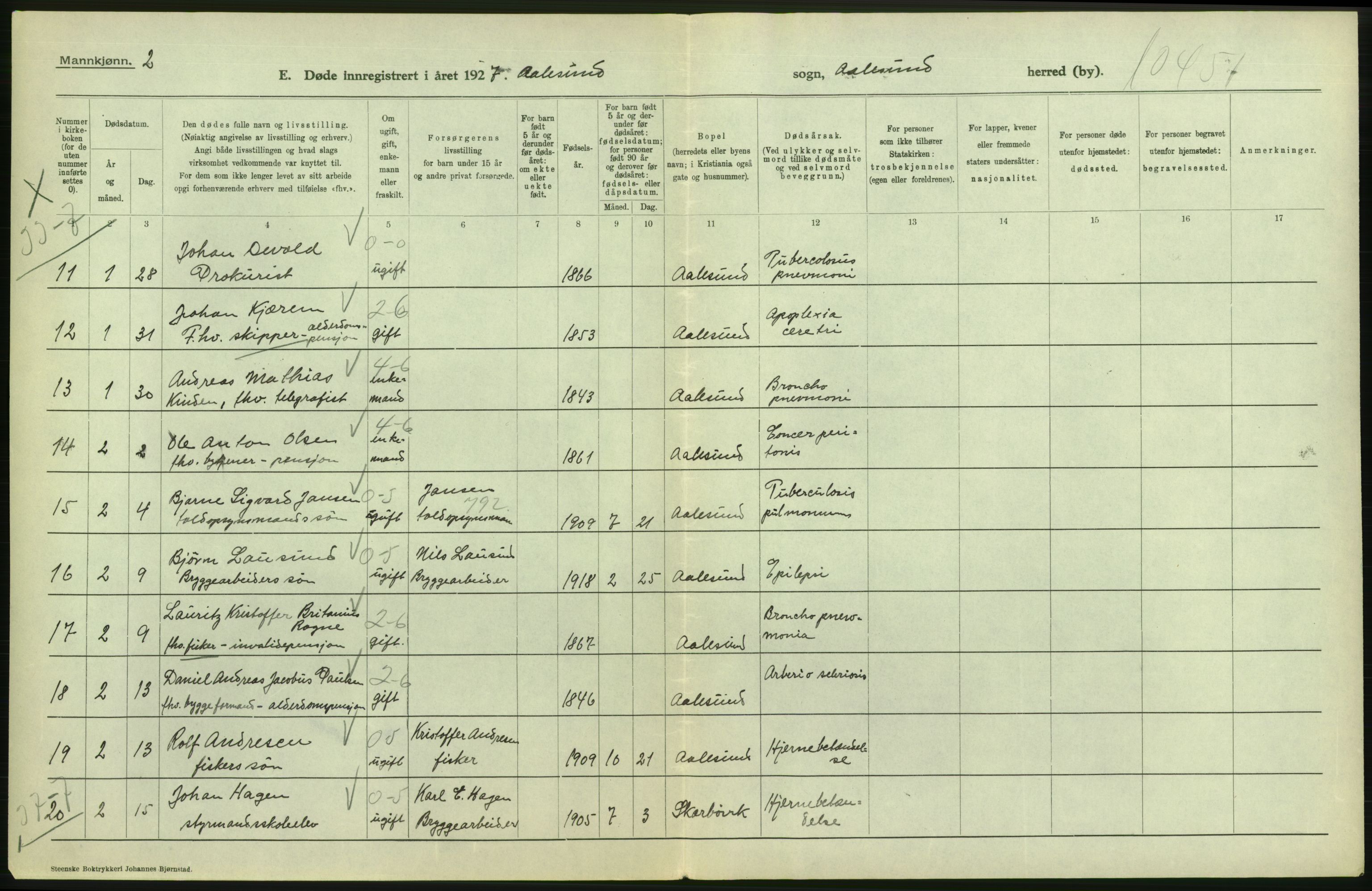 Statistisk sentralbyrå, Sosiodemografiske emner, Befolkning, RA/S-2228/D/Df/Dfc/Dfcg/L0034: Møre fylke: Døde. Bygder og byer., 1927, p. 24