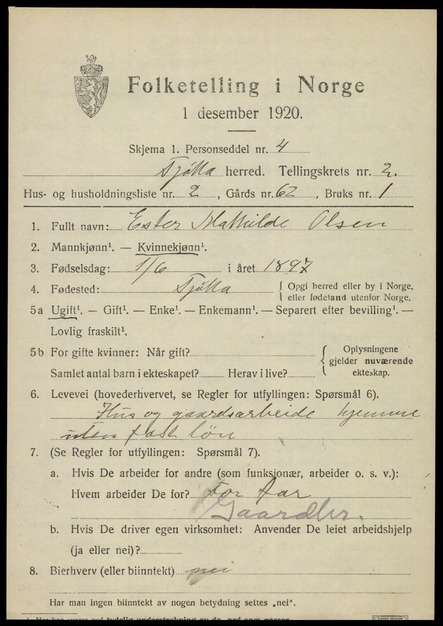 SAT, 1920 census for Tjøtta, 1920, p. 1239