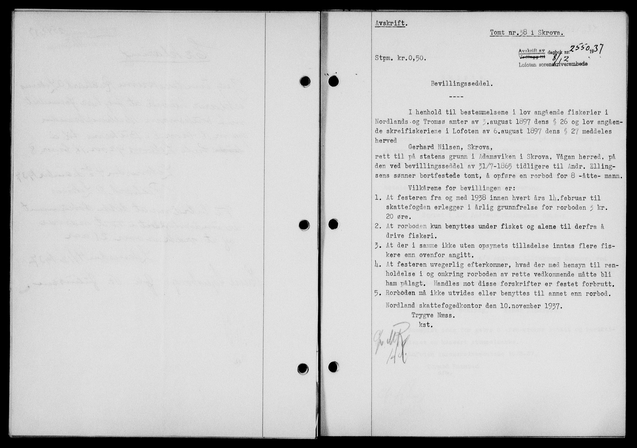 Lofoten sorenskriveri, SAT/A-0017/1/2/2C/L0003a: Mortgage book no. 3a, 1937-1938, Diary no: : 2550/1937