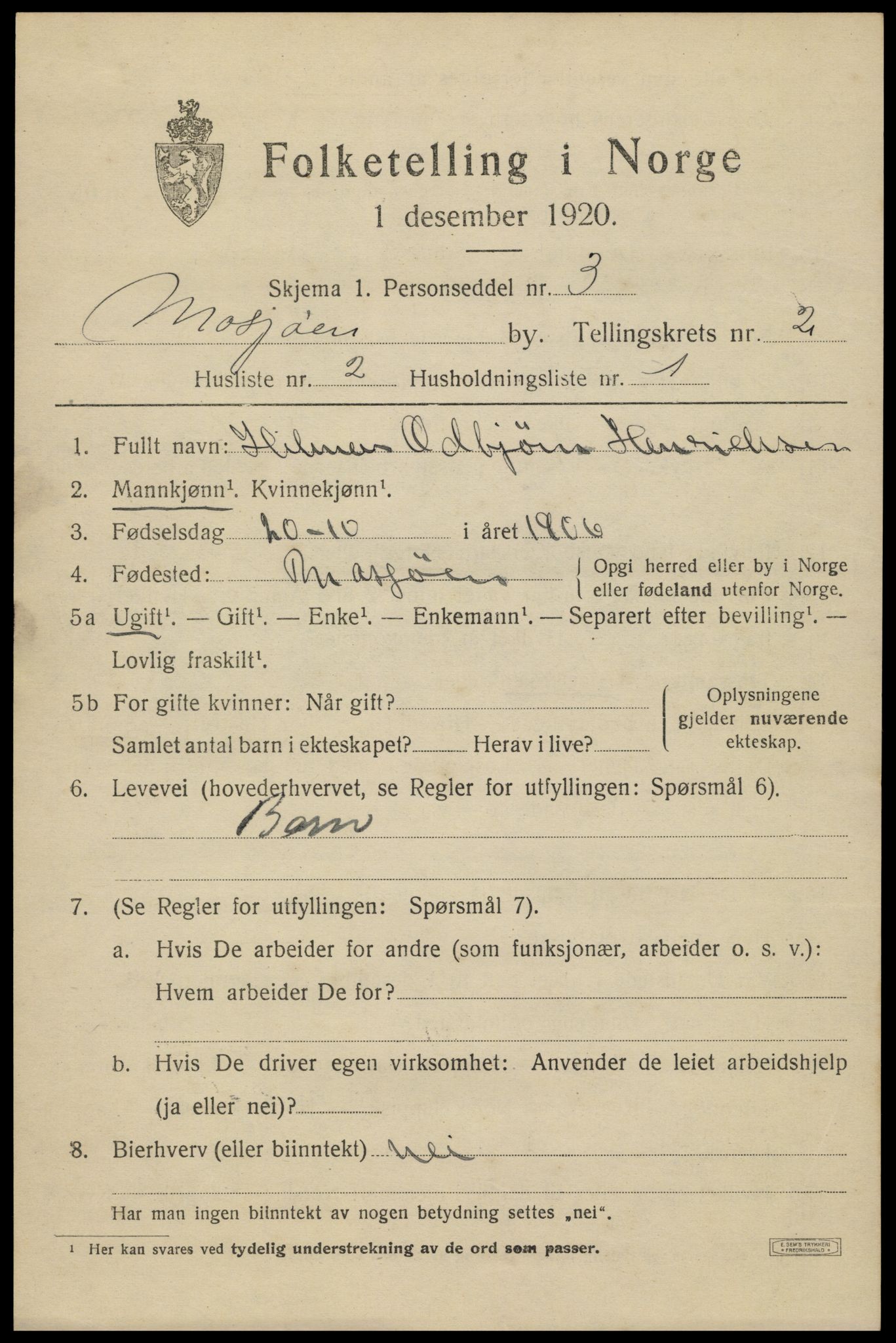 SAT, 1920 census for Mosjøen, 1920, p. 3436