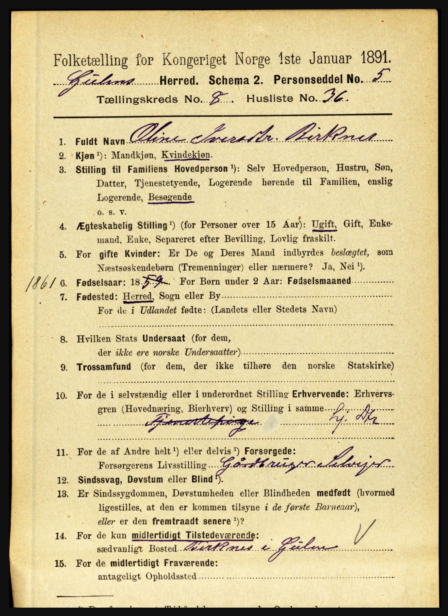 RA, 1891 census for 1411 Gulen, 1891, p. 2702