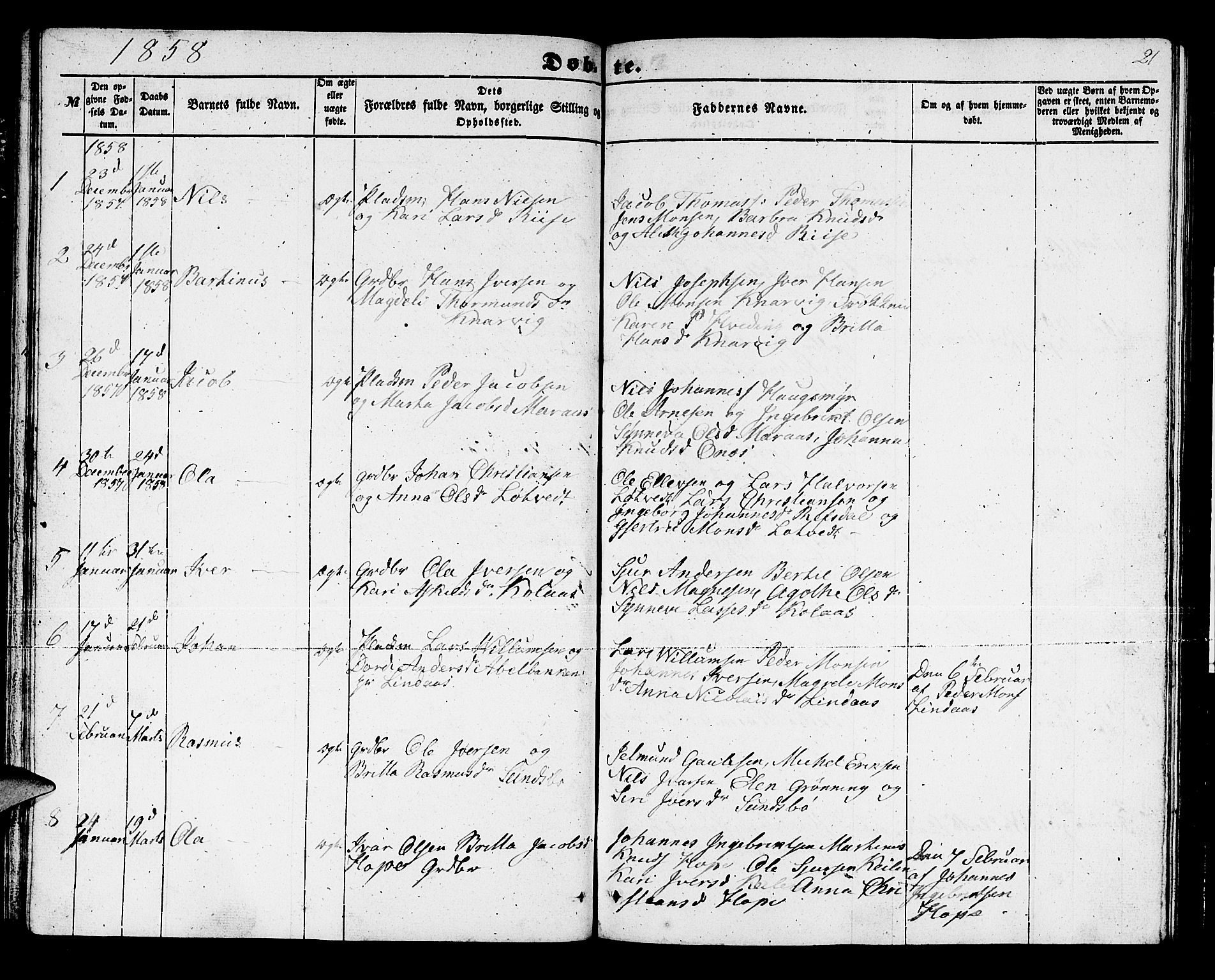 Lindås Sokneprestembete, SAB/A-76701/H/Hab: Parish register (copy) no. B 1, 1853-1866, p. 21