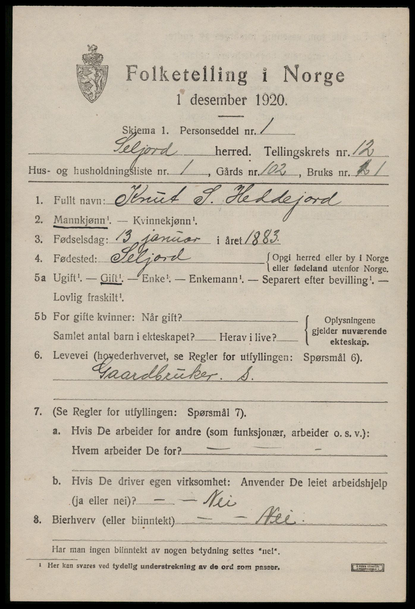 SAKO, 1920 census for Seljord, 1920, p. 5754