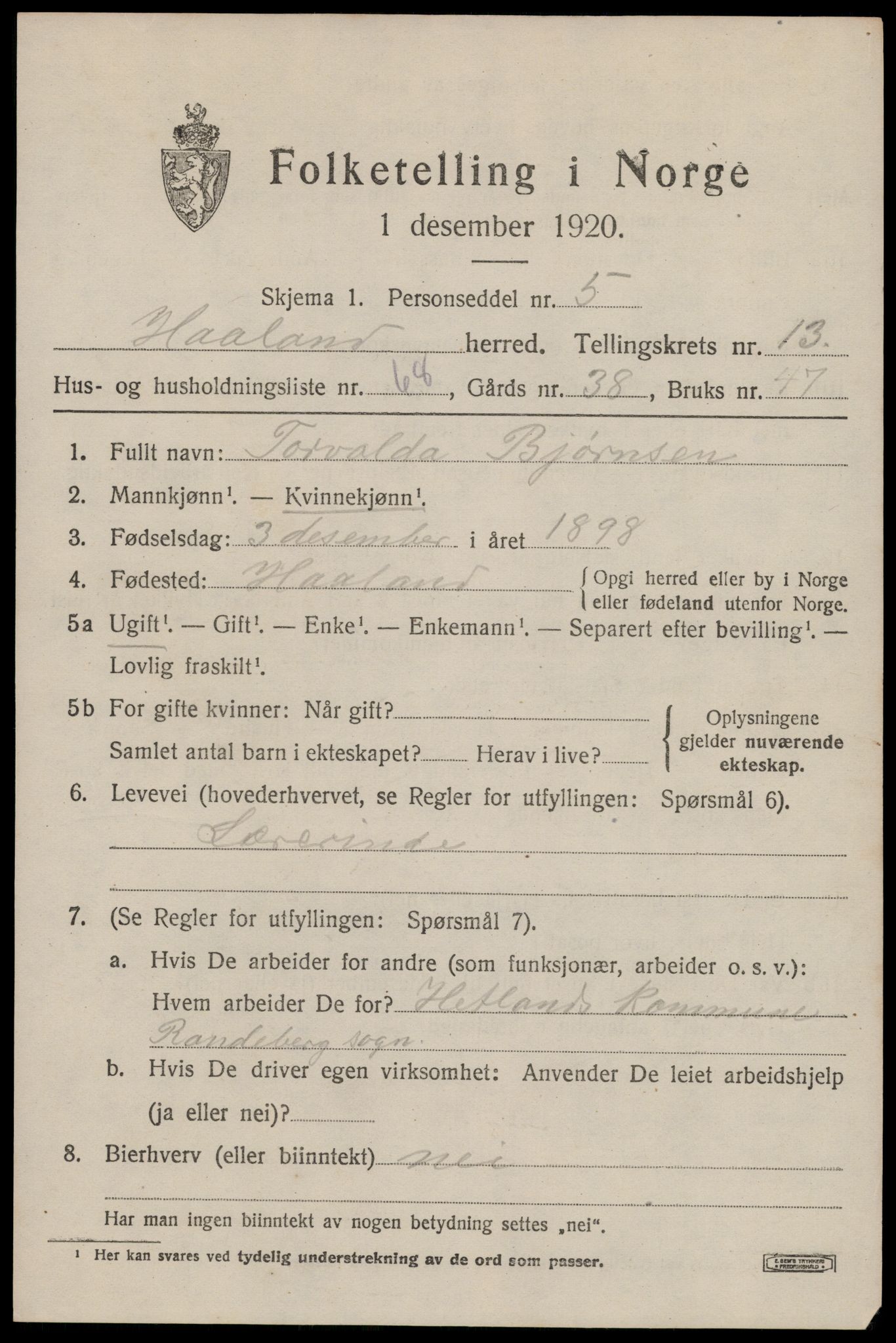 SAST, 1920 census for Håland, 1920, p. 9967