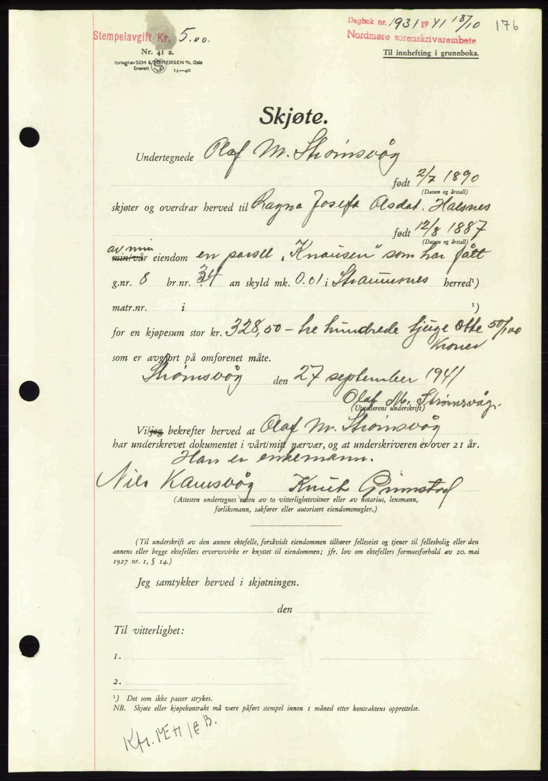 Nordmøre sorenskriveri, AV/SAT-A-4132/1/2/2Ca: Mortgage book no. A91, 1941-1942, Diary no: : 1931/1941