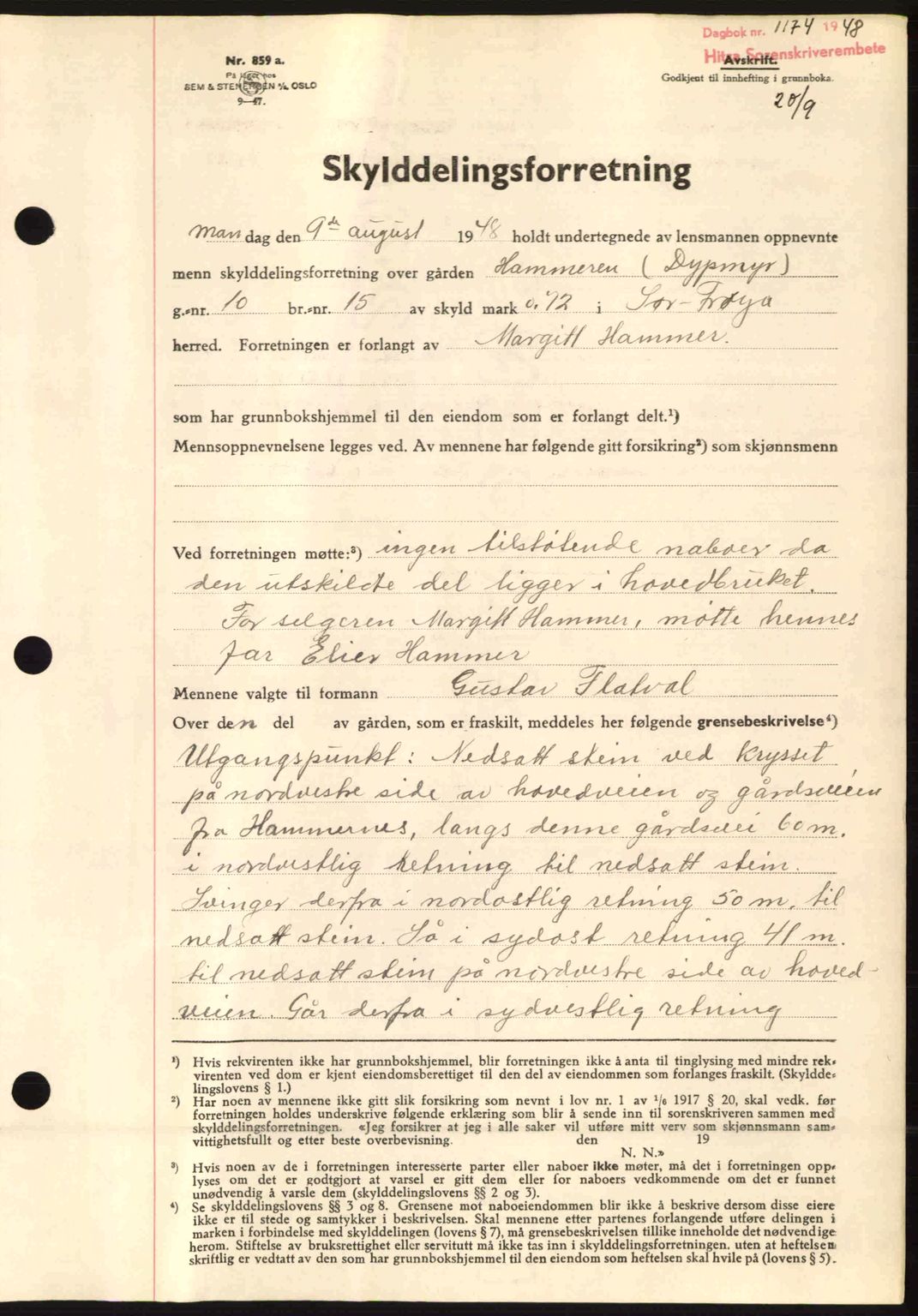 Hitra sorenskriveri, AV/SAT-A-0018/2/2C/2Ca: Mortgage book no. A5, 1947-1948, Diary no: : 1174/1948