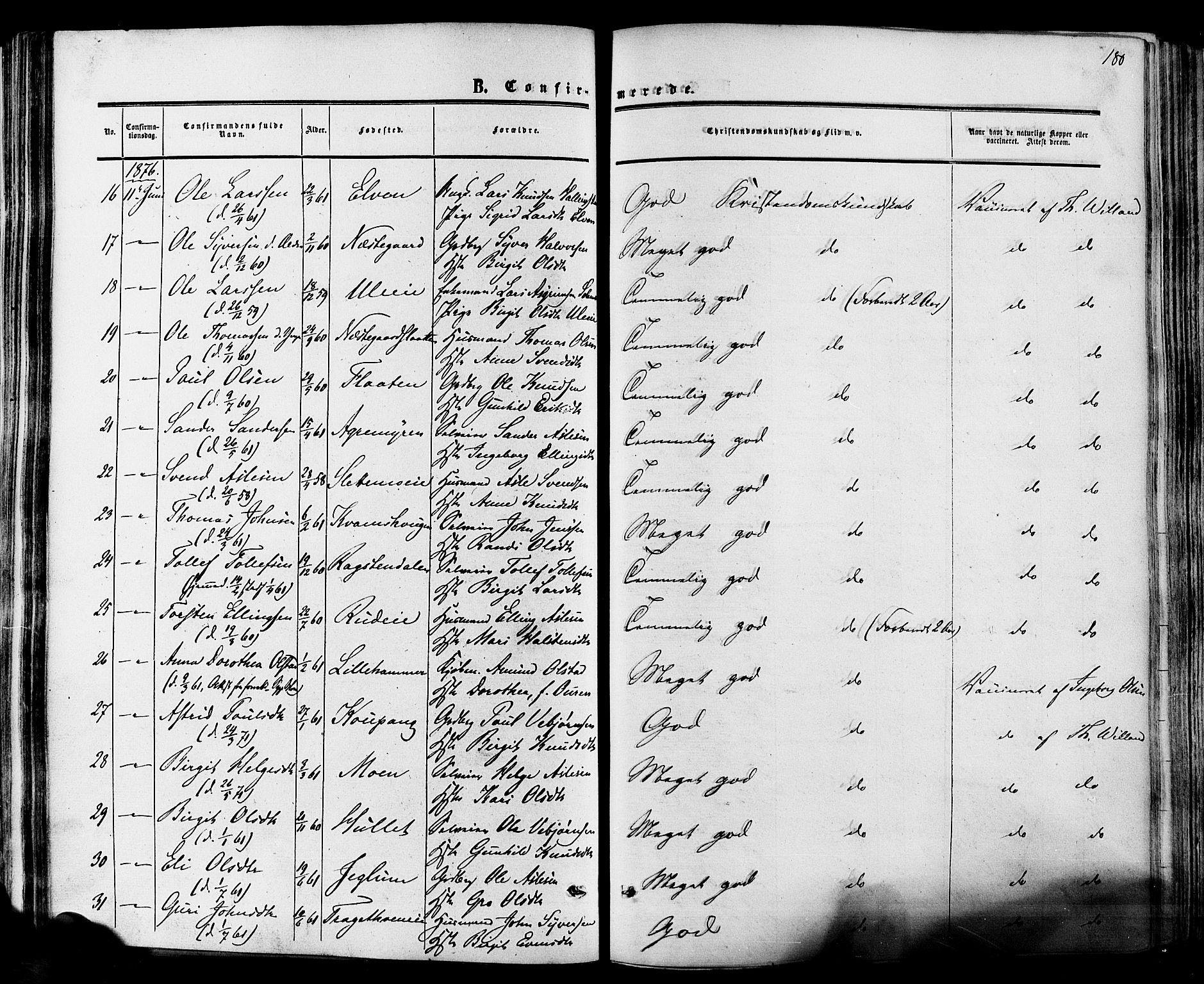 Hol kirkebøker, SAKO/A-227/F/Fa/L0002: Parish register (official) no. I 2, 1870-1886, p. 180