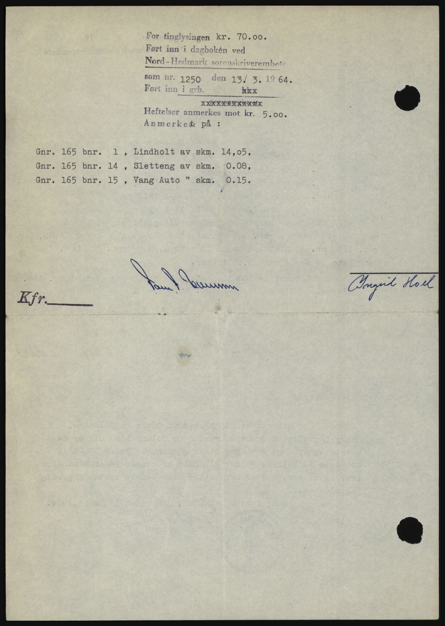 Nord-Hedmark sorenskriveri, SAH/TING-012/H/Hc/L0019: Mortgage book no. 19, 1963-1964, Diary no: : 1250/1964