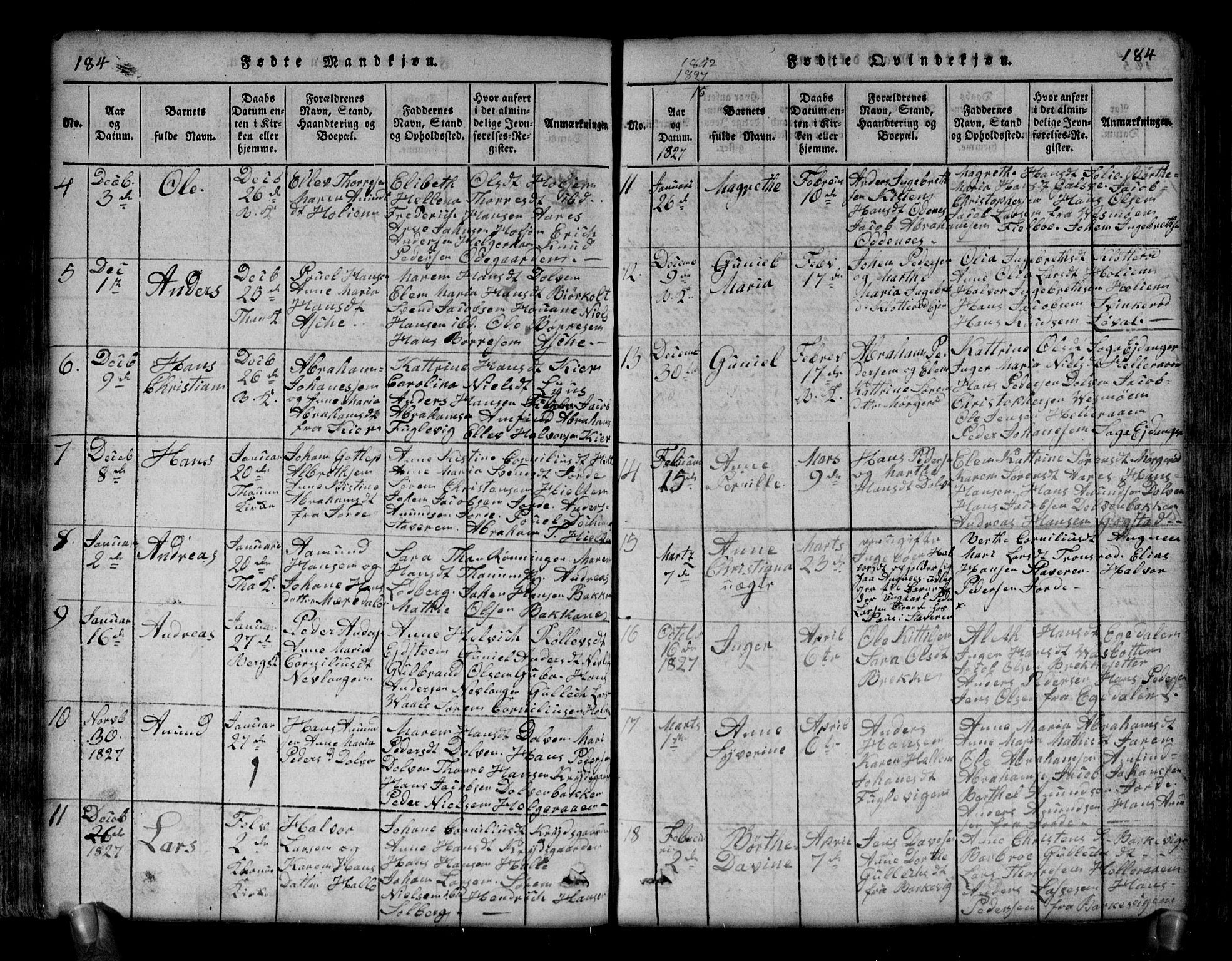 Brunlanes kirkebøker, AV/SAKO-A-342/G/Ga/L0001: Parish register (copy) no. I 1, 1814-1834, p. 184