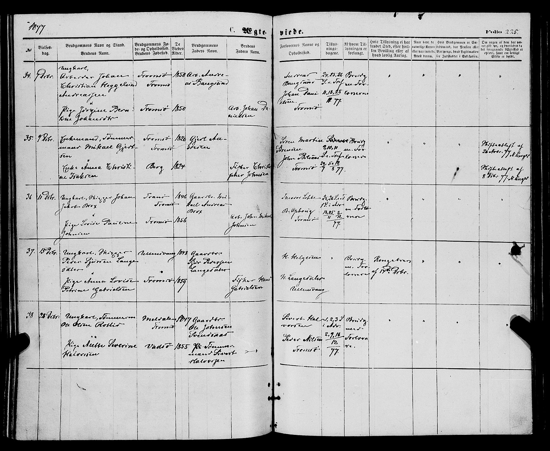 Tromsø sokneprestkontor/stiftsprosti/domprosti, AV/SATØ-S-1343/G/Ga/L0013kirke: Parish register (official) no. 13, 1872-1877, p. 225