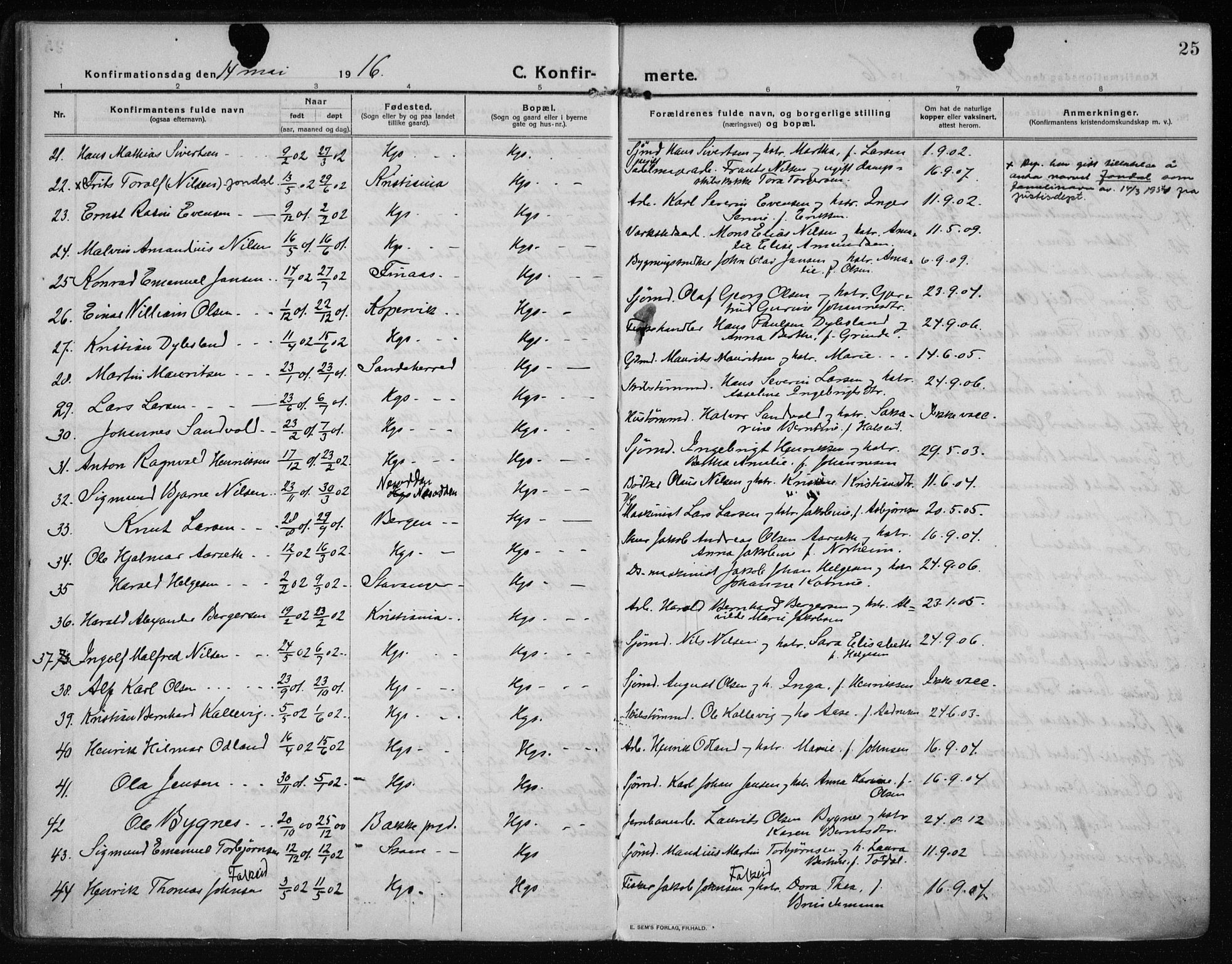 Haugesund sokneprestkontor, AV/SAST-A -101863/H/Ha/Haa/L0009: Parish register (official) no. A 9, 1914-1929, p. 25