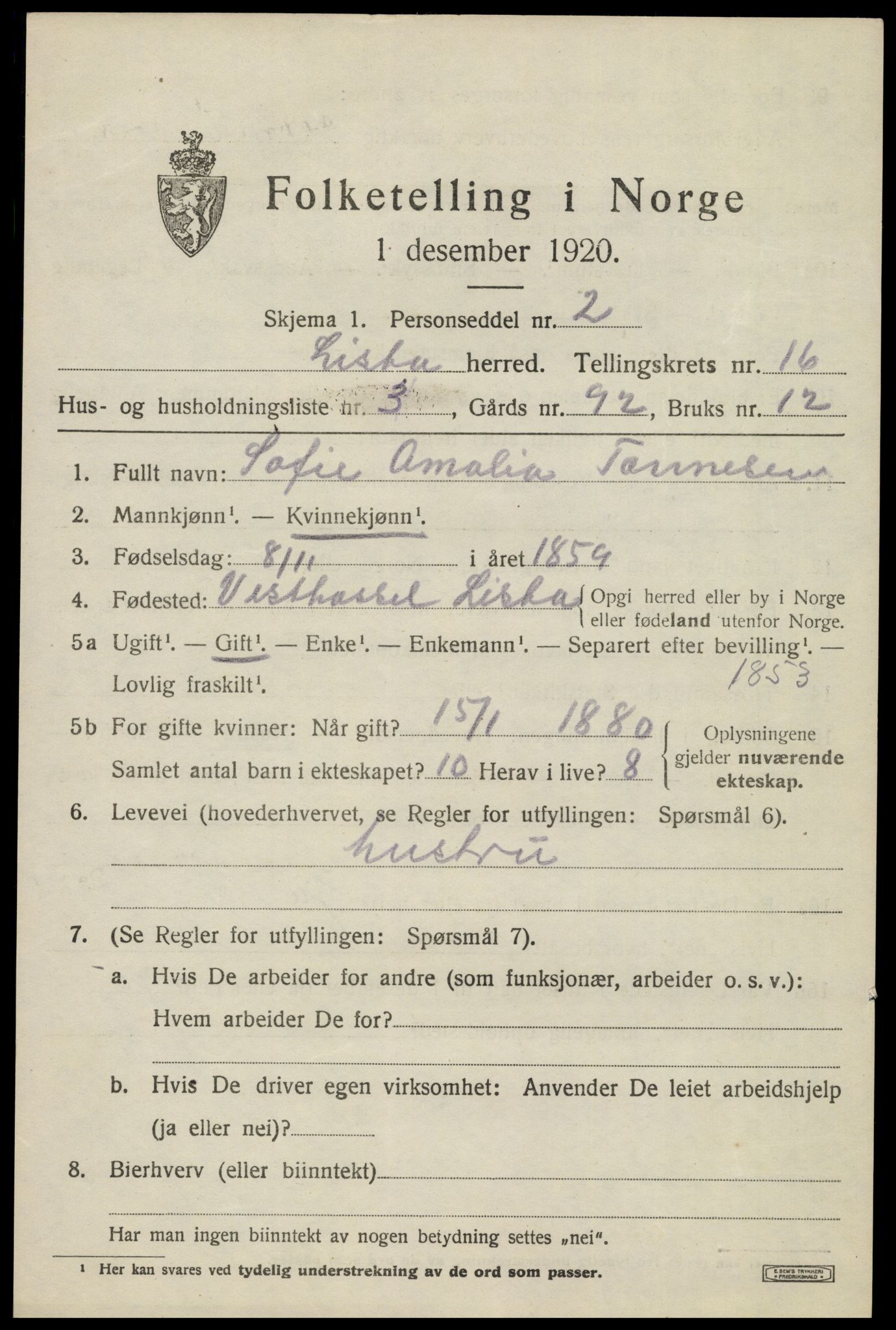 SAK, 1920 census for Lista, 1920, p. 12953