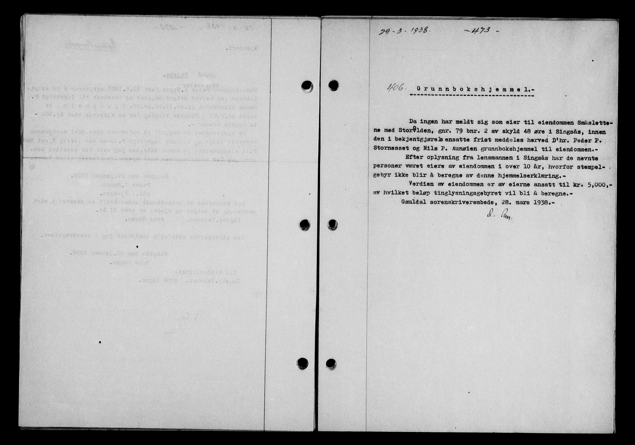 Gauldal sorenskriveri, SAT/A-0014/1/2/2C/L0048: Mortgage book no. 51-52, 1937-1938, p. 473, Diary no: : 406/1938