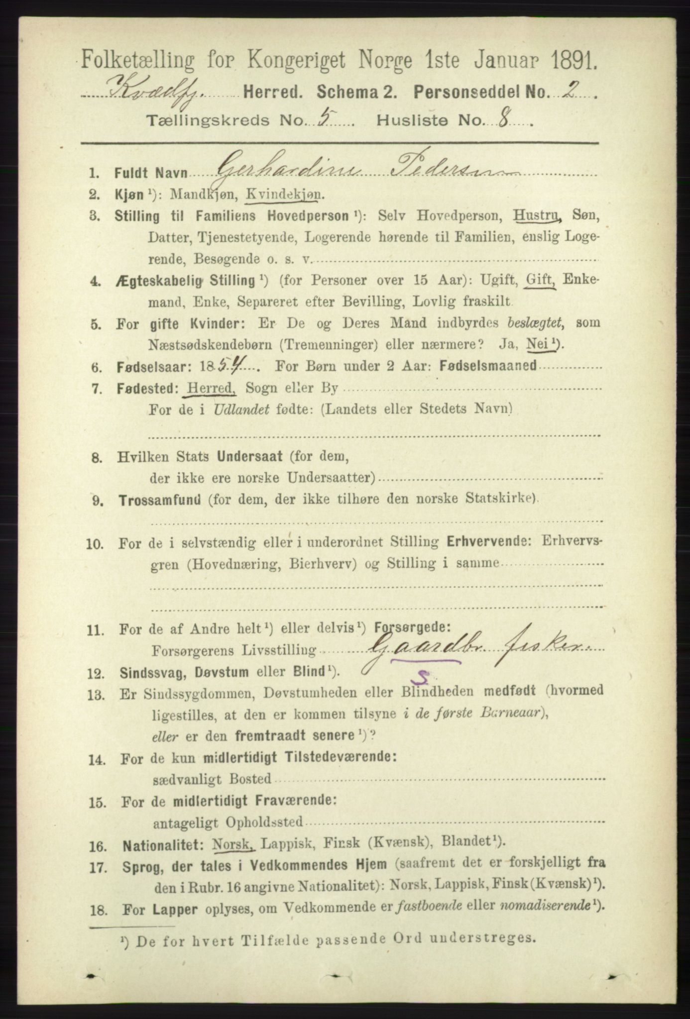 RA, 1891 census for 1911 Kvæfjord, 1891, p. 2909