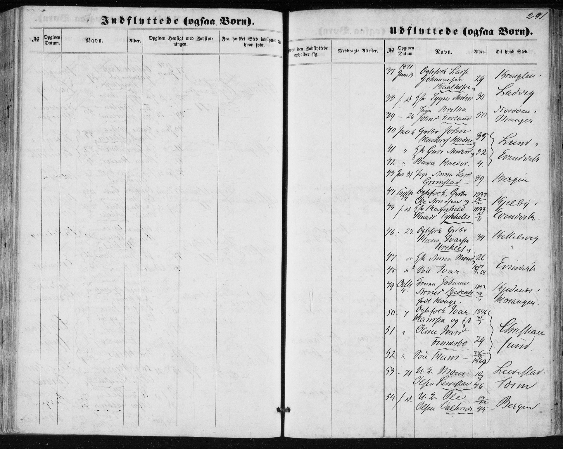 Lindås Sokneprestembete, AV/SAB-A-76701/H/Haa/Haaa/L0016: Parish register (official) no. A 16, 1863-1875, p. 291