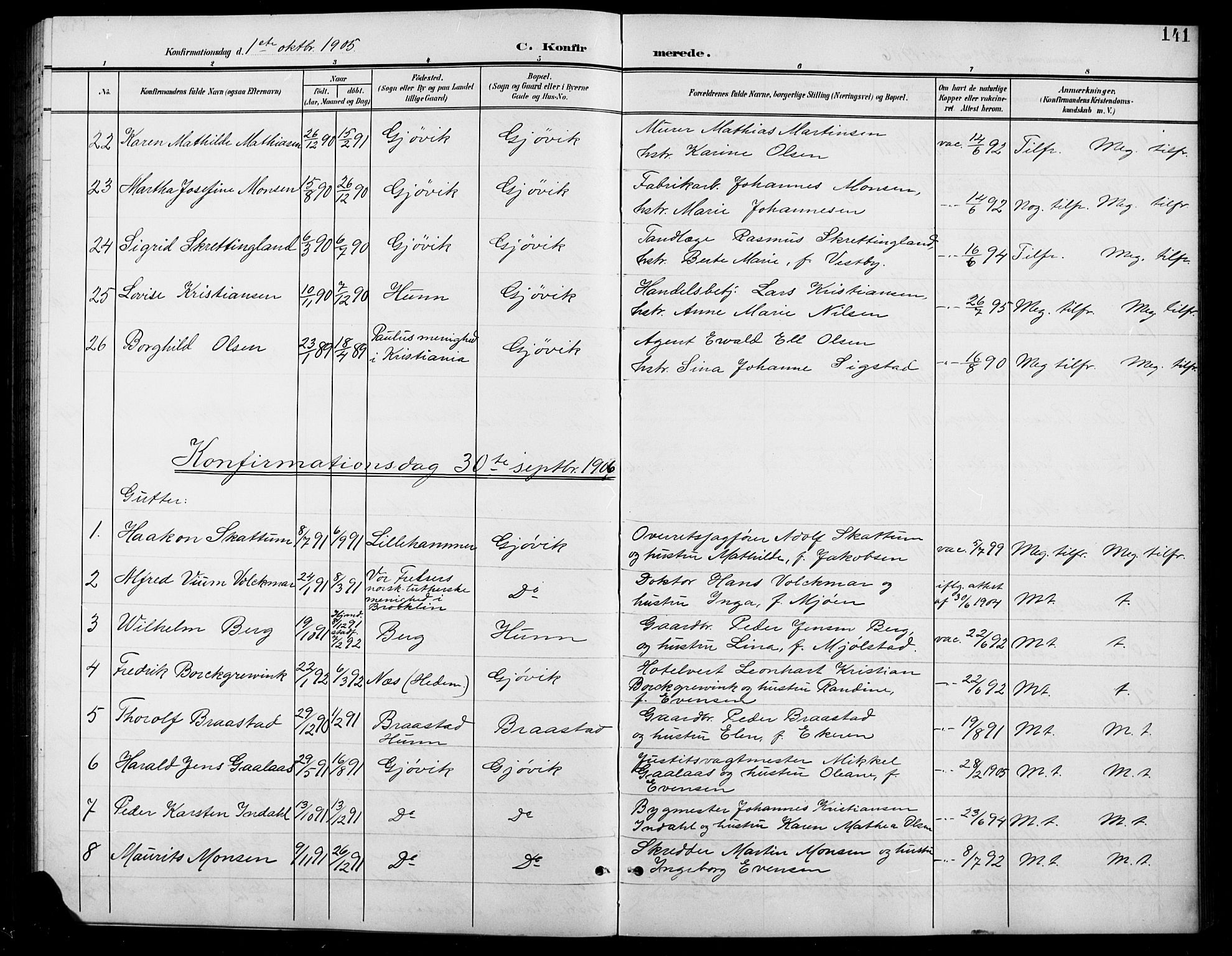 Vardal prestekontor, SAH/PREST-100/H/Ha/Hab/L0012: Parish register (copy) no. 12, 1902-1911, p. 141