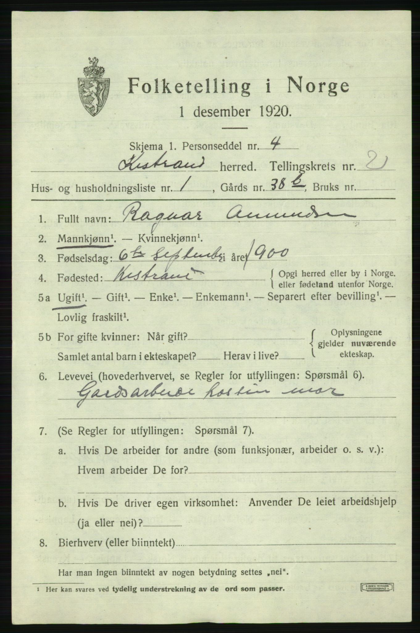 SATØ, 1920 census for Kistrand, 1920, p. 1496